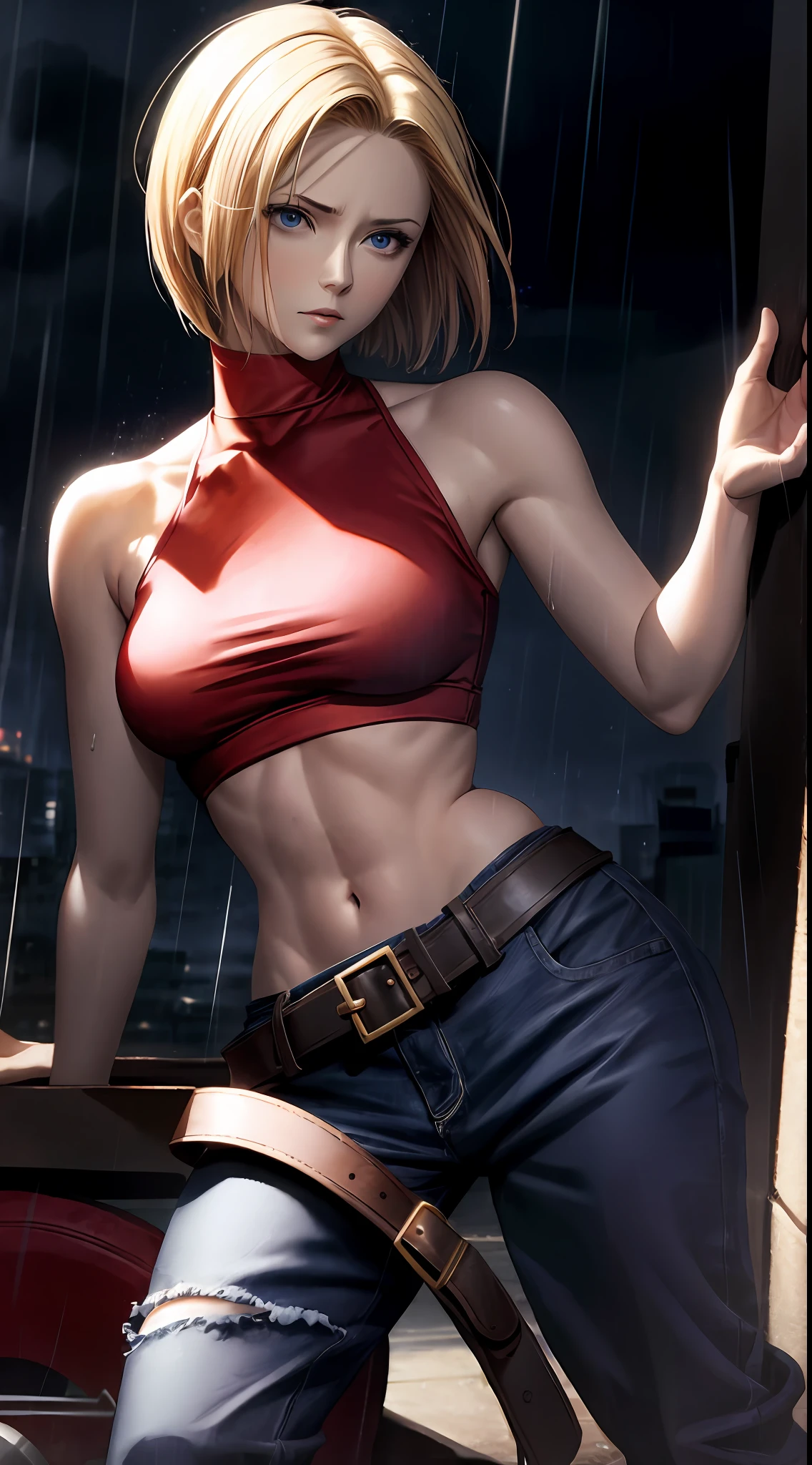 Maryms, Best Quality, (Beauty), Masterpiece, 1 female, Real rendering, Thin waist, Big eyes, Long legs, (Small breasts), Puffy Eyes, Night, (Rain Castle), Brightened Skin, Facing Audience, Determined Expression, Facing the Camera, Red Top, Jeans, Belt, Street Background, Full Body, Small White Shoes