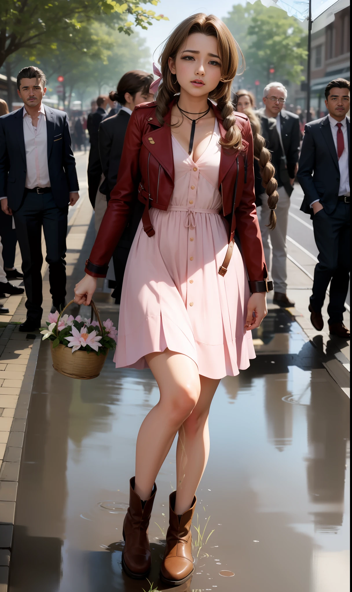 CG, perfect atwork, perfect female figure, Aerith Gainsboroug, holding small flower basket, peeing herself, peeing down her legs, green eyes, surrounded by other people, standing in very busy midgar city street, sunny, choker, cropped jacket, hair bow, bracelet, pink dress, brown ankle boots, looking down nervously, shy, embarrassed aroused and shocked, outdoors, standing legs crossed, a small puddle of her own urine is forming around her feet on the dry ground, very desperate to pee, peeing, wetting herself, urination, streaming tears, scared, despair, panicking, high detail, anime, Realism, anime style, Hyperrealism, masterpiece, highres, UHD, anatomically correct, high quality, super detail, high details, best quality, highres, award winning, 8k, textured skin