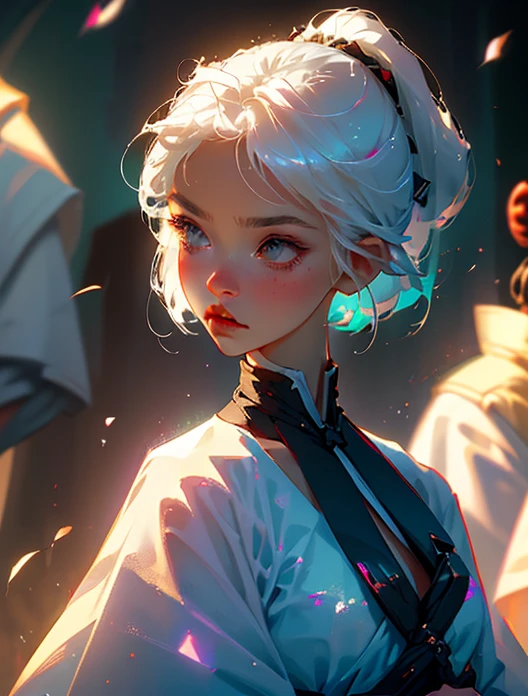 beautiful young samurai girl photorealistic white pixie cut hair focus on face particle