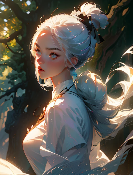 (best illumination, best shadow, an extremely delicate and beautiful),(silver hair:1.3, white clothes:0.9), (female samurai) ,(emphasizing on face), dynamic lighting, (dramatic pose), (volumetric light), (forest in the background).