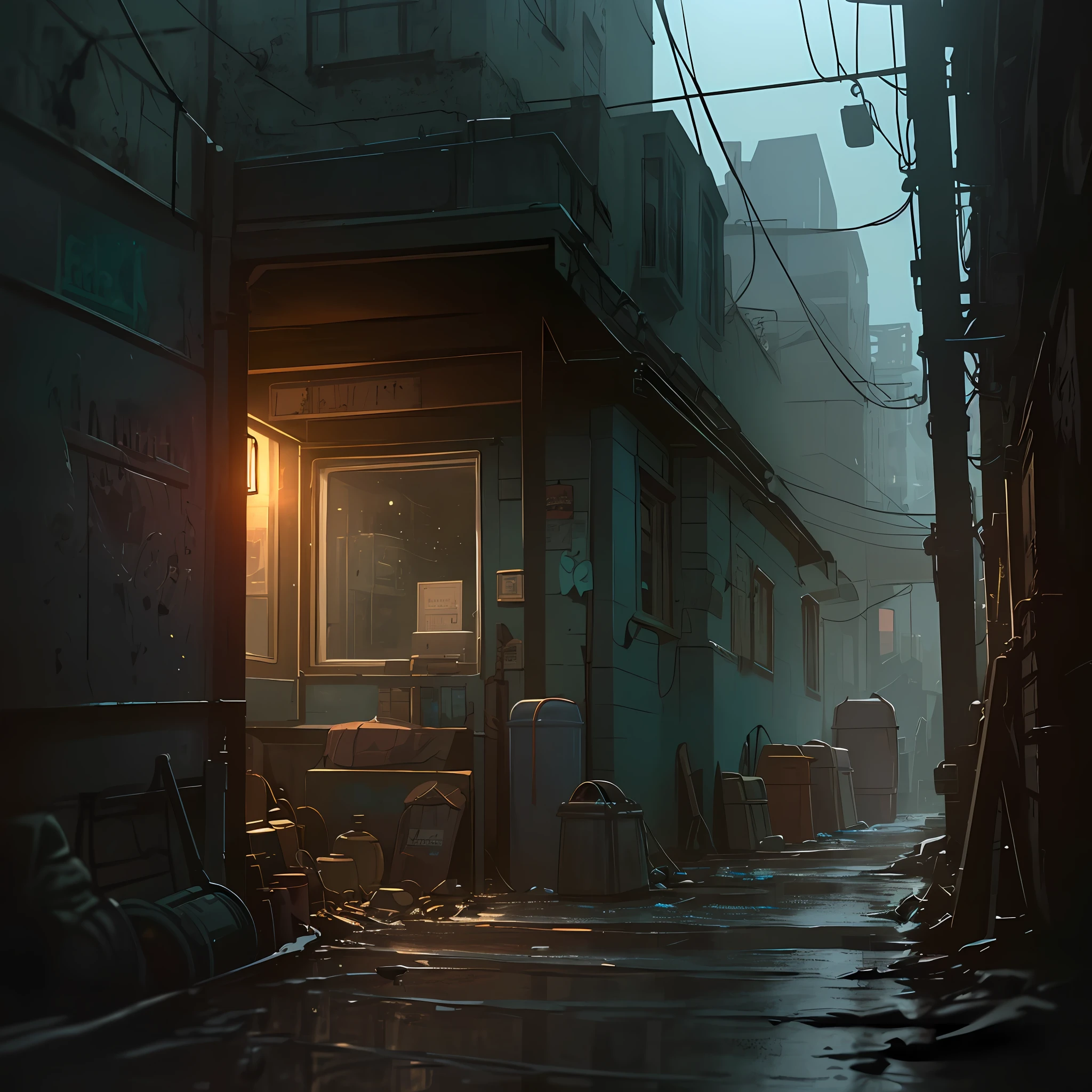 hyperrealistic and very detailed illustration of the entrance of a patio, point of view from the outside, image very loaded with objects, point of view from below, dirty cement stairs with cracks, green wastebasket, metal signs, seats, cables, pole, pastel blue telephone booth, rusty guardrails, pipes, pipes in the walls, electric meter, gray and dark walls, empty boxes, old papers on the floor, damaged wall paint, some garbage on the floor, metal and rusty scrap, machine parts (rusty, brown), very detailed advertisements on the neon wall, spotlight lights (very radiant blue light), artificial and sterile environment, very dark night, fog and somewhat dense smoke, very dark landscape shadows, red and green neon lights, night, some snow all over the landscape, humidity, puddles of water reflecting the dim ambient light