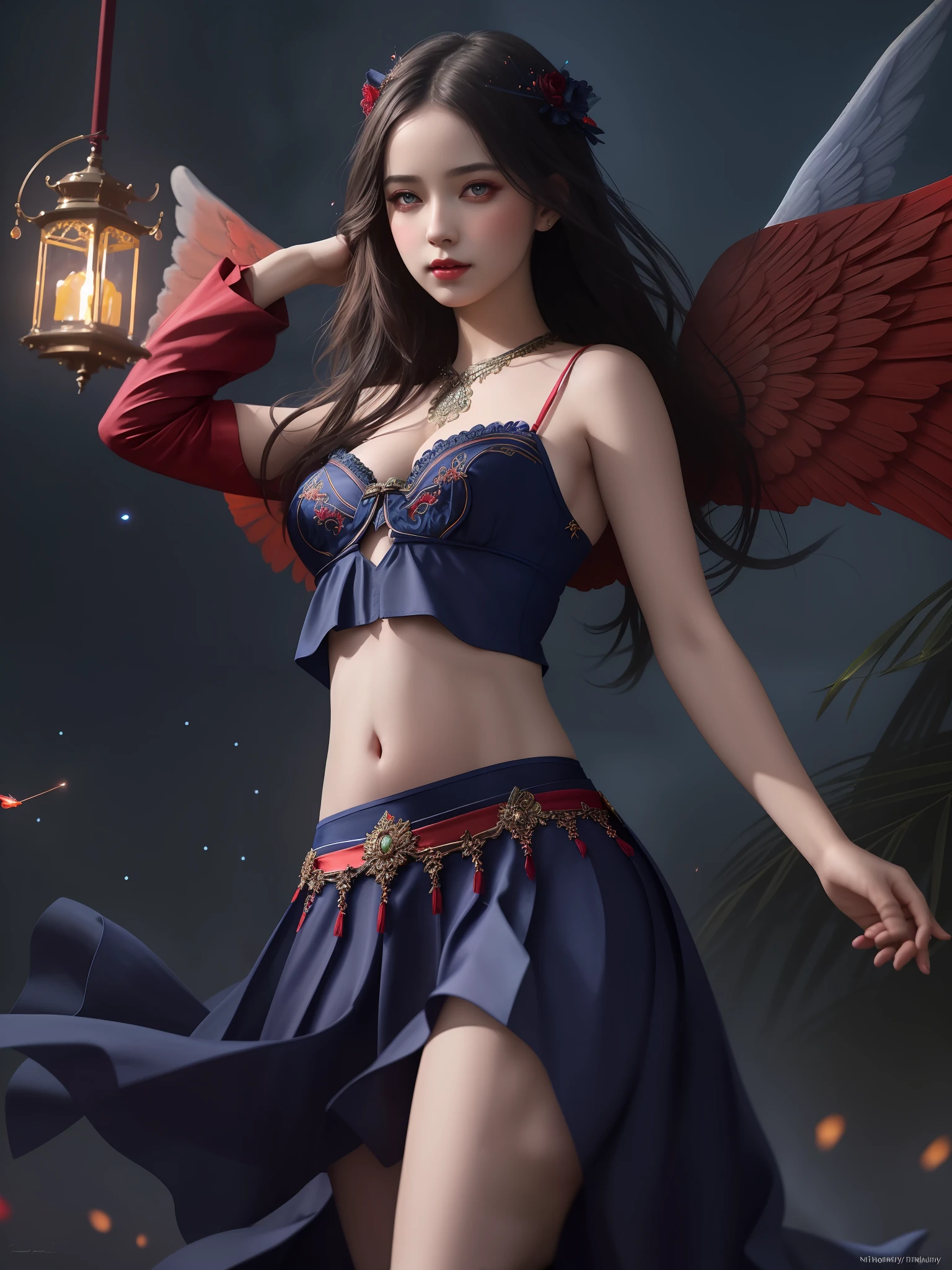 modelshoot style, the most beautiful artwork in the world featuring a (gothic angel cute woman in skirt:1.2), ((navel :1.5)), (( red and indigo dress:1.2)) cute pose infront of a gorgeous glowing temple full of fireflies flying around, large detailed wings, (dark force:1.3), 35mm lens, f/1.8, 8K, clear facial features, (cinematic action scene:1.2), accent lighting, global illuminatio, trending on ArtStation, trending on CGSociety, Intricate, High Detail, Sharp focus, (dramatic:1.1), photorealistic painting art by midjourney and greg rutkowski