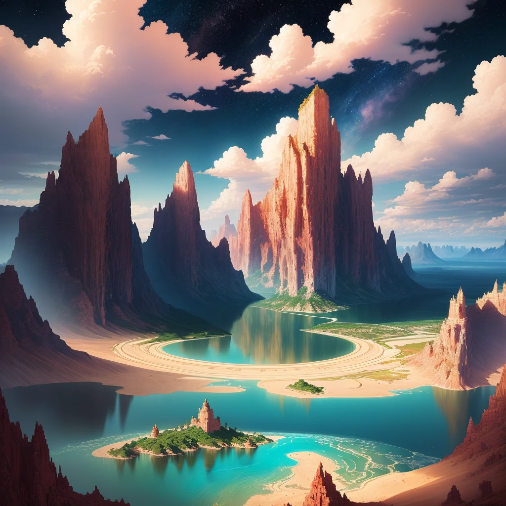 A beautiful land full of water and and clouds, astrophotogr,masterpiece, expert, insanely detailed, 4k, composition, centered, painted, intricate, volumetric lighting, beautiful, rich deep color masterpiece, sharp focus, ultra detailed, no dan mumford and marc simonetti style, vector, print