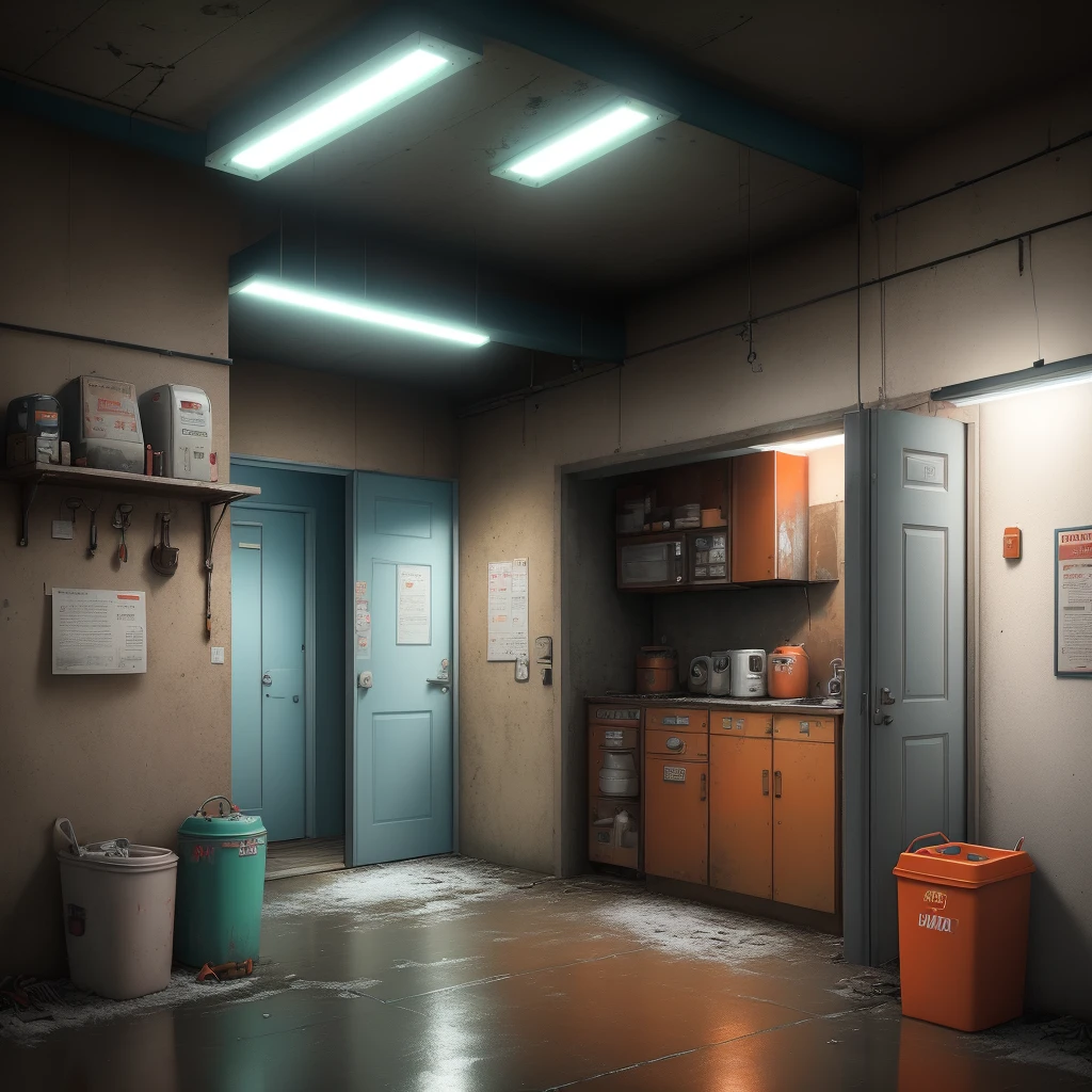 hyperrealistic and very detailed illustration of a beautiful orange cat sitting in an abandoned room, point of view from the outside, image very loaded with objects, point of view from below, dirty cement stairs with cracks, green trash can, metal signs, seats, cables, pole, pastel blue telephone booth, rusty guardrails, pipes, pipes in the walls,  electric meter, gray and dark walls, empty boxes, old papers on the floor, damaged wall paint, some garbage on the floor, metal and rusty scrap, machine parts (rusty, brown), very detailed advertisements on the neon wall, spotlight lights (very radiant blue light), artificial and sterile environment, very dark night, fog and somewhat dense smoke,  very dark landscape shadows, red and green neon lights, night, some snow all over the landscape, humidity, puddles of water reflecting the dim ambient light