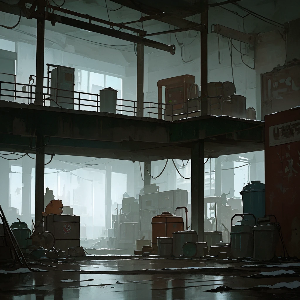 hyperrealistic and very detailed illustration of a beautiful orange cat sitting in an abandoned room, point of view from the outside, image very loaded with objects, point of view from below, dirty cement stairs with cracks, green trash can, metal signs, seats, cables, pole, pastel blue telephone booth, rusty guardrails, pipes, pipes in the walls, electric meter, gray and dark walls, empty boxes, old papers on the floor, damaged wall paint, some garbage on the floor, metal and rusty scrap, machine parts (rusty, brown), very detailed advertisements on the neon wall, spotlight lights (very radiant blue light), artificial and sterile environment, very dark night, fog and somewhat dense smoke, very dark landscape shadows, red and green neon lights, night, some snow all over the landscape, humidity, puddles of water reflecting the dim ambient light