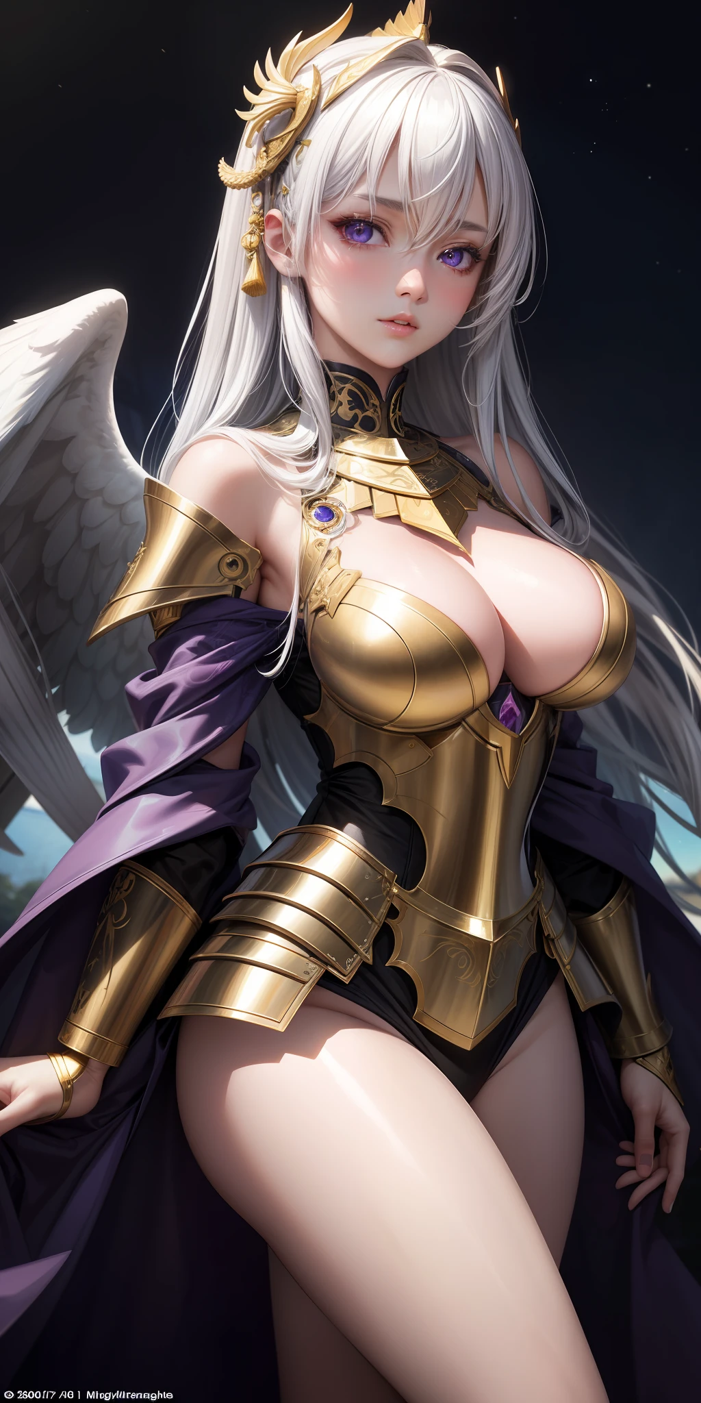 masterpiece:1.6, best quality), (fine detailed beautiful eyes: 1.2), realistic, 1girl, white hair, purple eyes, glowing eyes,gold plate mail, paladin,angel wings, full japanese armor, parted lips, blush, night, moonlight,