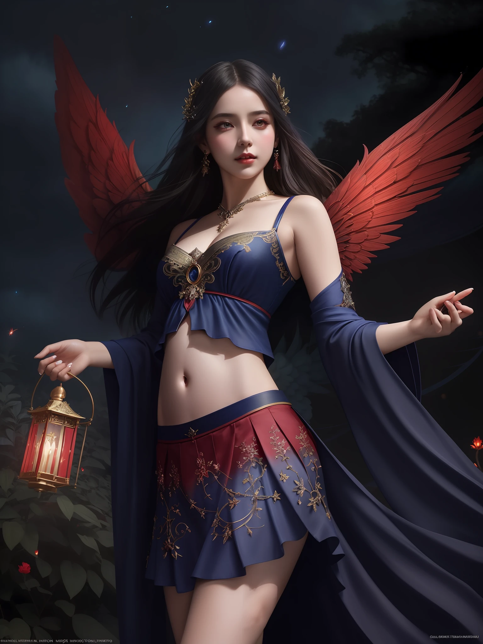 modelshoot style, the most beautiful artwork in the world featuring a (gothic angel cute woman in skirt:1.2), ((navel :1.5)), (( red and indigo dress:1.2)) cute pose infront of a gorgeous glowing temple full of fireflies flying around, large detailed wings, (dark force:1.3), 35mm lens, f/1.8, 8K, clear facial features, (cinematic action scene:1.2), accent lighting, global illuminatio, trending on ArtStation, trending on CGSociety, Intricate, High Detail, Sharp focus, (dramatic:1.1), photorealistic painting art by midjourney and greg rutkowski