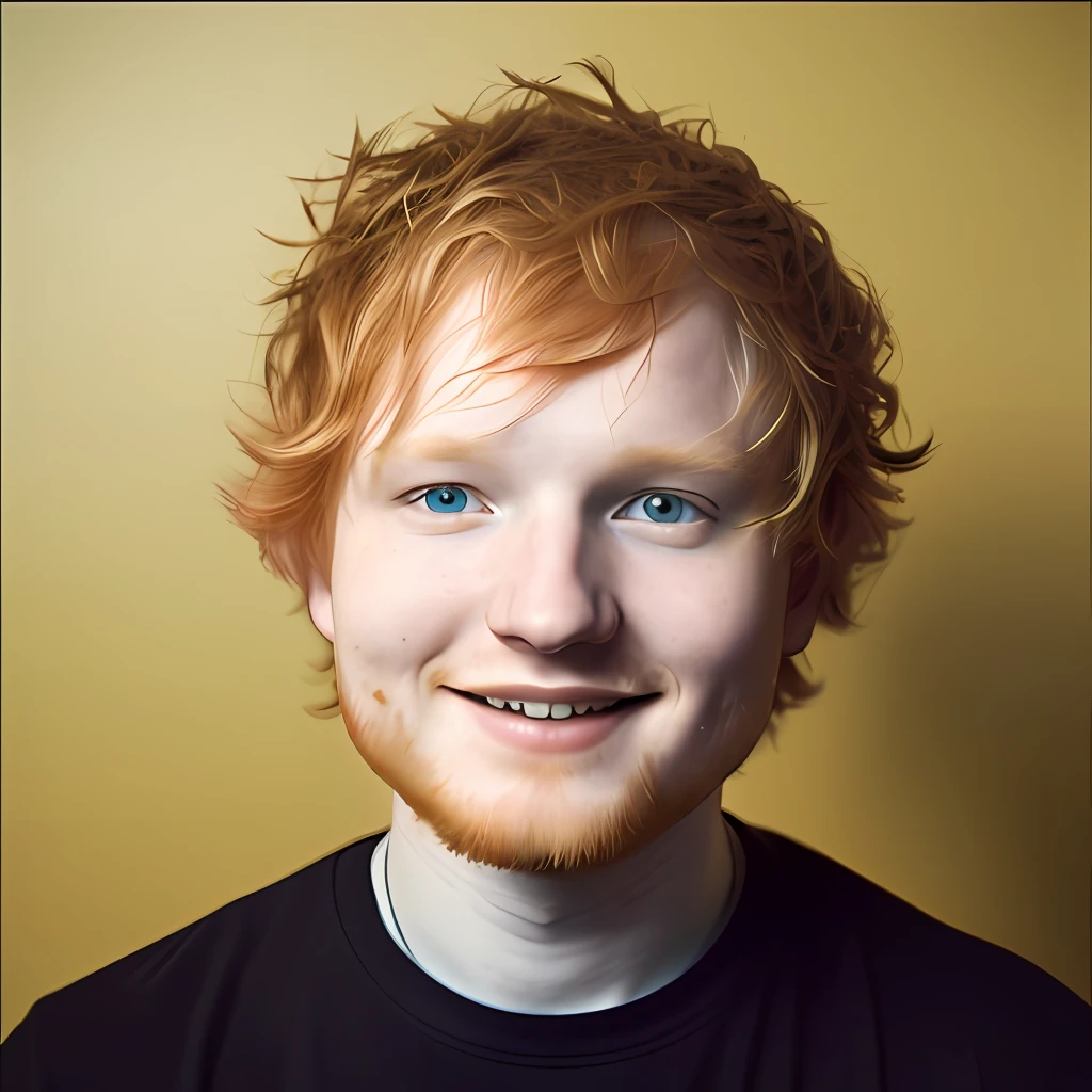 Ed Sheeran, bright smile, light background, warm light, warm, gradient on background, original simulation style, charming gaze, charming expression. The background should be neutral and simple, pay close attention to details such as highlights and shadows on his face and hair to create a realistic and realistic image. Try different lighting techniques to enhance the mood and atmosphere of your portrait. Highly Detailed Skin, Skin Detail, Sharp Focus, Volumetric Fog, 8K UHD, SLR, High Quality, Film Grain, Fujifilm XT3, (Best Quality: 1.4), (Masterpiece: 1.4), (Detail: 1.3), (Best Quality: 1.4), (Masterpiece: 1.4), (Detail: 1.3), (Color Gradient Background: 1.5, Close Up: 1.5), (Realism: 1.4), (Best Quality: 1.0), (Super High Resolution: 1.0)