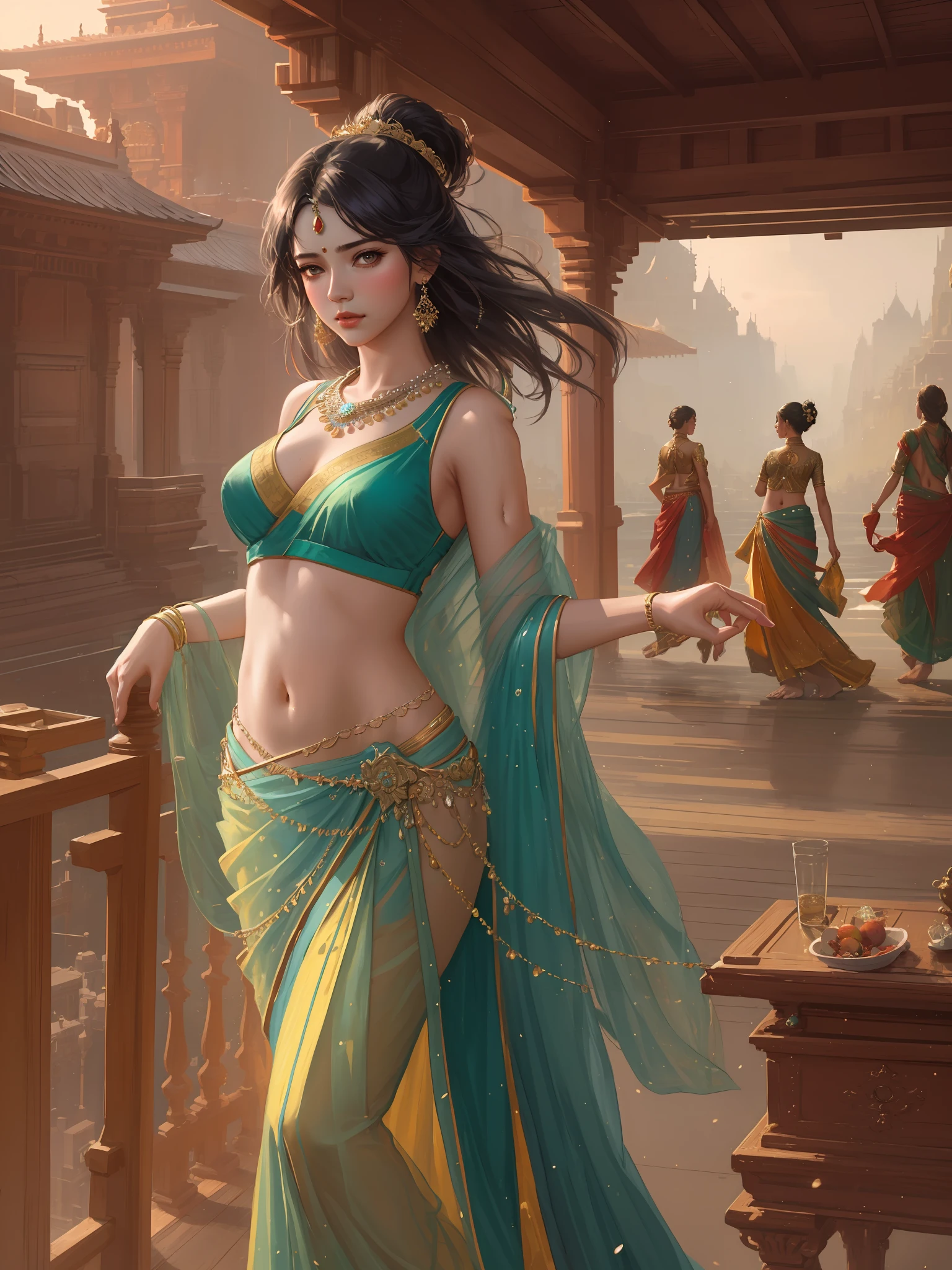 modelshoot style, (extremely detailed CG unity 8k wallpaper), full shot body photo of the most beautiful artwork in the world, stunningly beautiful photo realistic cute women in saree (navel:1.5), professional majestic oil painting by Ed Blinkey, Atey Ghailan, Studio Ghibli, by Jeremy Mann, Greg Manchess, Antonio Moro, trending on ArtStation, trending on CGSociety, Intricate, High Detail, Sharp focus, dramatic, photorealistic painting art by midjourney and greg rutkowski