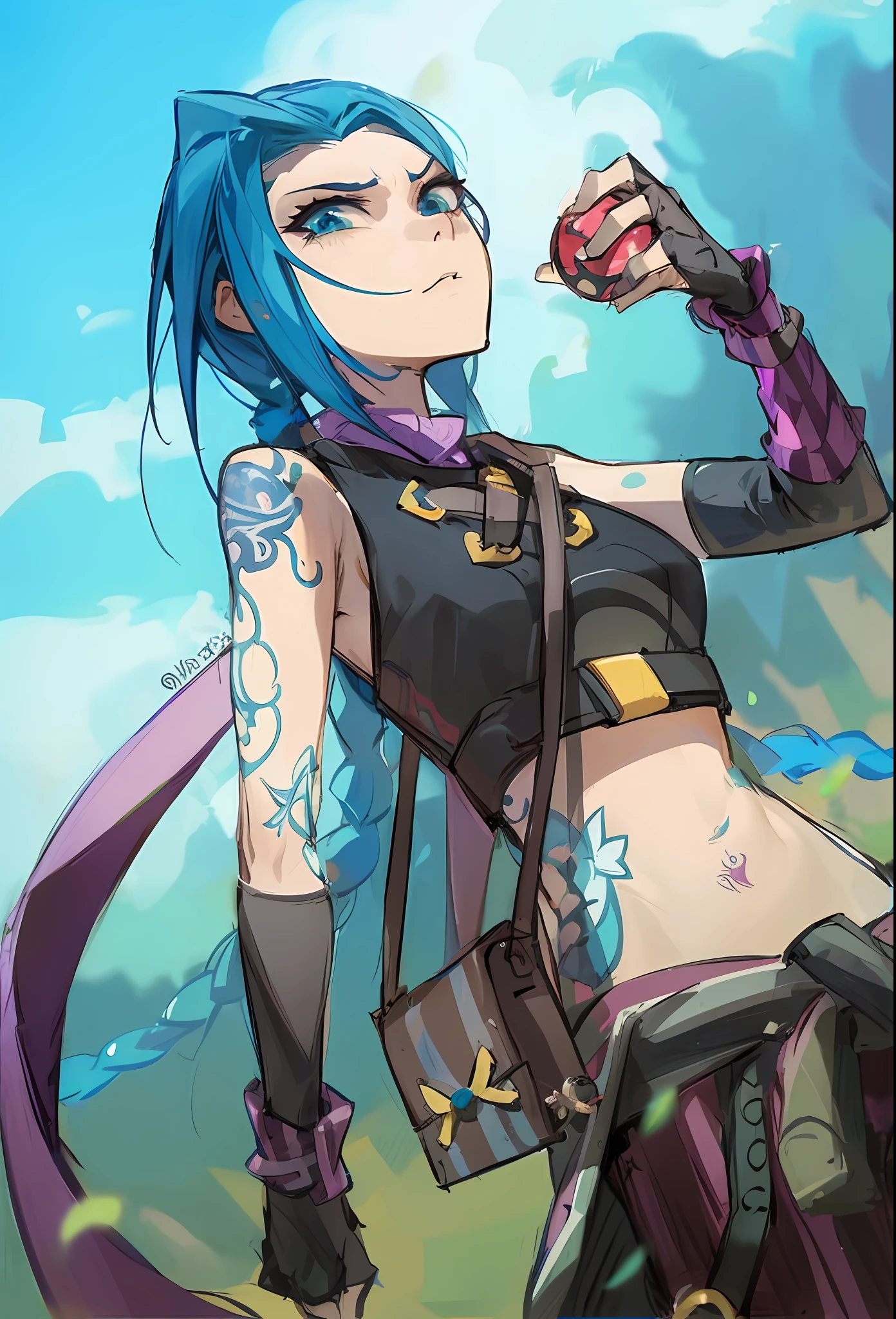 a close up of a person with a blue hair and a tattoo on, portrait of jinx from arcane, 2 d anime style, jinx from arcane, jinx from league of legends, arcane jinx, anime girl with teal hair, 2 d art, 2d art, 2 d anime, aqua from konosuba, jinx expression