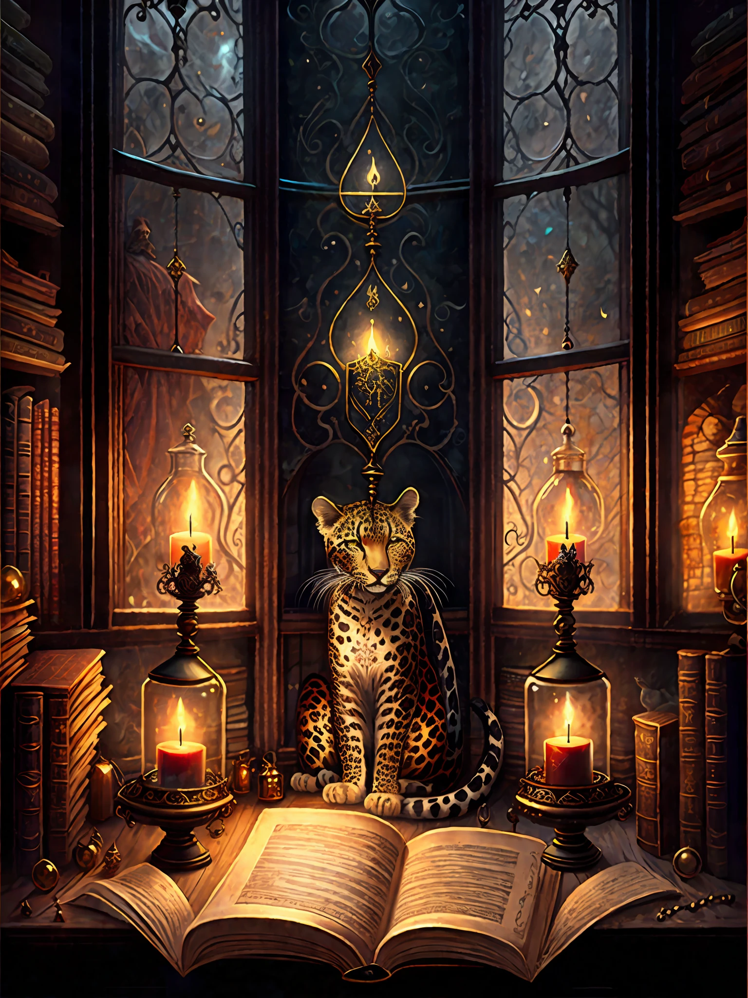 A table with lots of books right next to the window, dark fantasy digital art, angry leopard, holding spell book, black background pinterest, casting spells on potions, lab, ominous atmosphere, dripping candles, dusty library, alchemy, earth magic, hecate