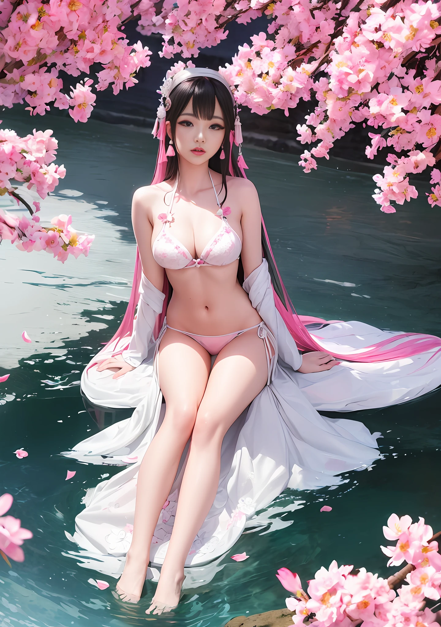 araffes in a white bikini sitting on a bed with pink flowers, japanese goddess, anime goddess, a beautiful fantasy empress, beautiful alluring anime woman, seductive girl, beautiful goddess, 中 元 节, trending on cgstation, full body xianxia, oppai, ((a beautiful fantasy empress)), guweiz, flower goddess