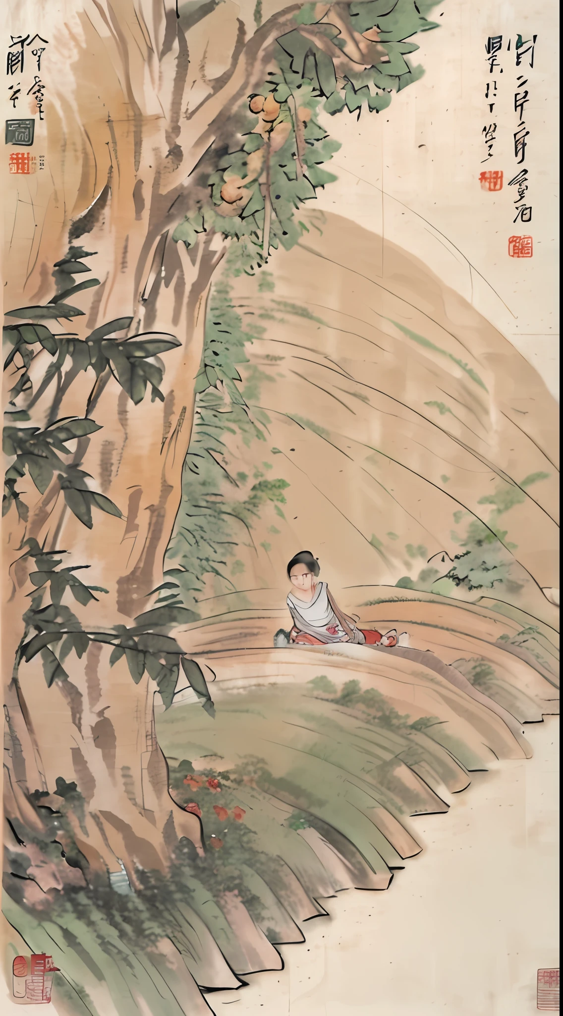 A peach blossom forest, growing on both sides of the stream, hundreds of steps long, there are no other trees in the middle, flowers and plants are tender and beautiful, falling flowers are scattered on the ground, the end of the peach forest is the source of the stream, a mountain in front, there is a small hole in the mountain, the hole seems to be a little bright. Enter through the entrance of the cave, which at first is narrow and allows only one person to pass through. Tens of meters ahead, it suddenly became open and bright. A flat and wide land appeared, with rows of neat houses. There are also fertile fields, beautiful ponds, mulberry and bamboo forests, etc. The fields and paths are intertwined, and the crowing of chickens and dogs can be heard everywhere. People came and went in the fields to work and work, and men and women dressed exactly like people outside the peach blossom source. The old people and children are all comfortable and happy