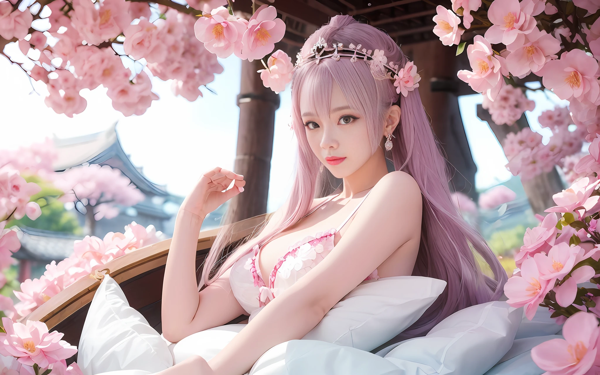 araffes in a white bikini sitting on a bed with pink flowers, japanese goddess, anime goddess, a beautiful fantasy empress, beautiful alluring anime woman, seductive girl, beautiful goddess, 中 元 节, trending on cgstation, full body xianxia, oppai, ((a beautiful fantasy empress)), guweiz, flower goddess