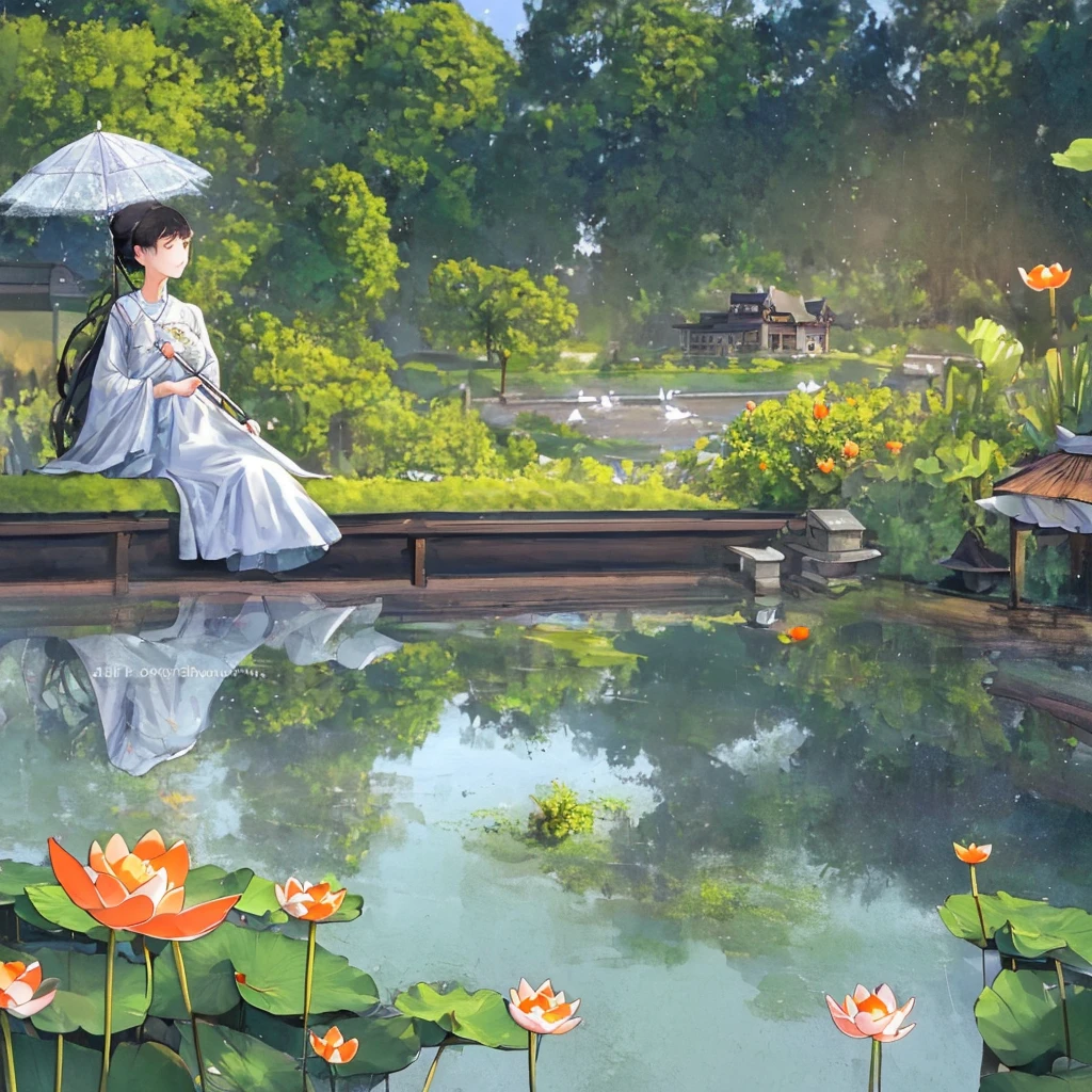 (It's drizzling), (8K, best quality: 1.2), (masterpiece: 1.37), (photo, realism: 1.37), (ultra-high resolution), full body, quiet pond with lotus leaves, water wheels turning, willow leaves hanging down above the picture, two mandarin ducks in the water, farmhouse, livestock house, granary, garden, terrace, swimming pool, a woman with an umbrella stops and looks at everything