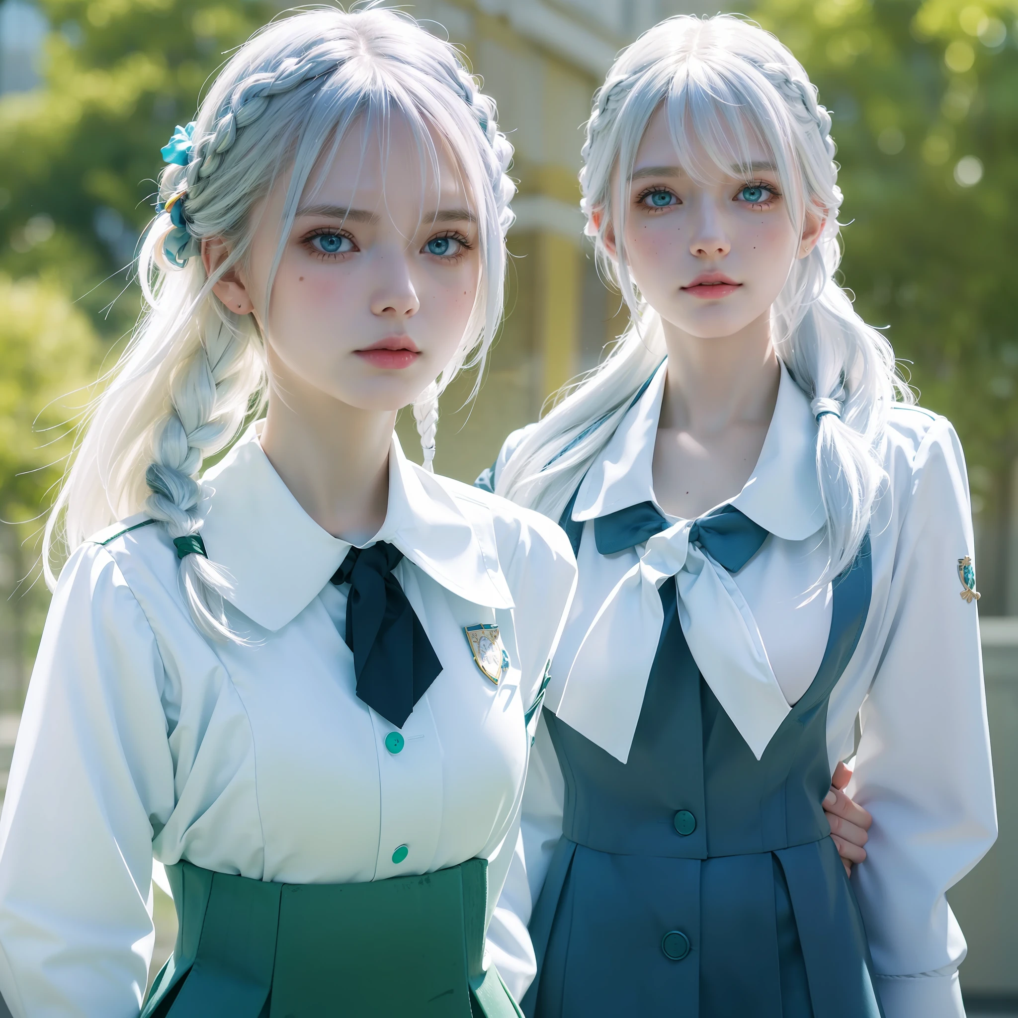 official art, unity 8k wallpaper, ultra detailed, beautiful and aesthetic, masterpiece, best quality, realistic, (1girl:1.2), white hair, medium hair, side braid, braid, green eyes, mole under eye, (school uniform:1.2), (kneehighs:1.1), classroom, from below, leaning back, flying button, huge breasts, sidelighting, blue sky,