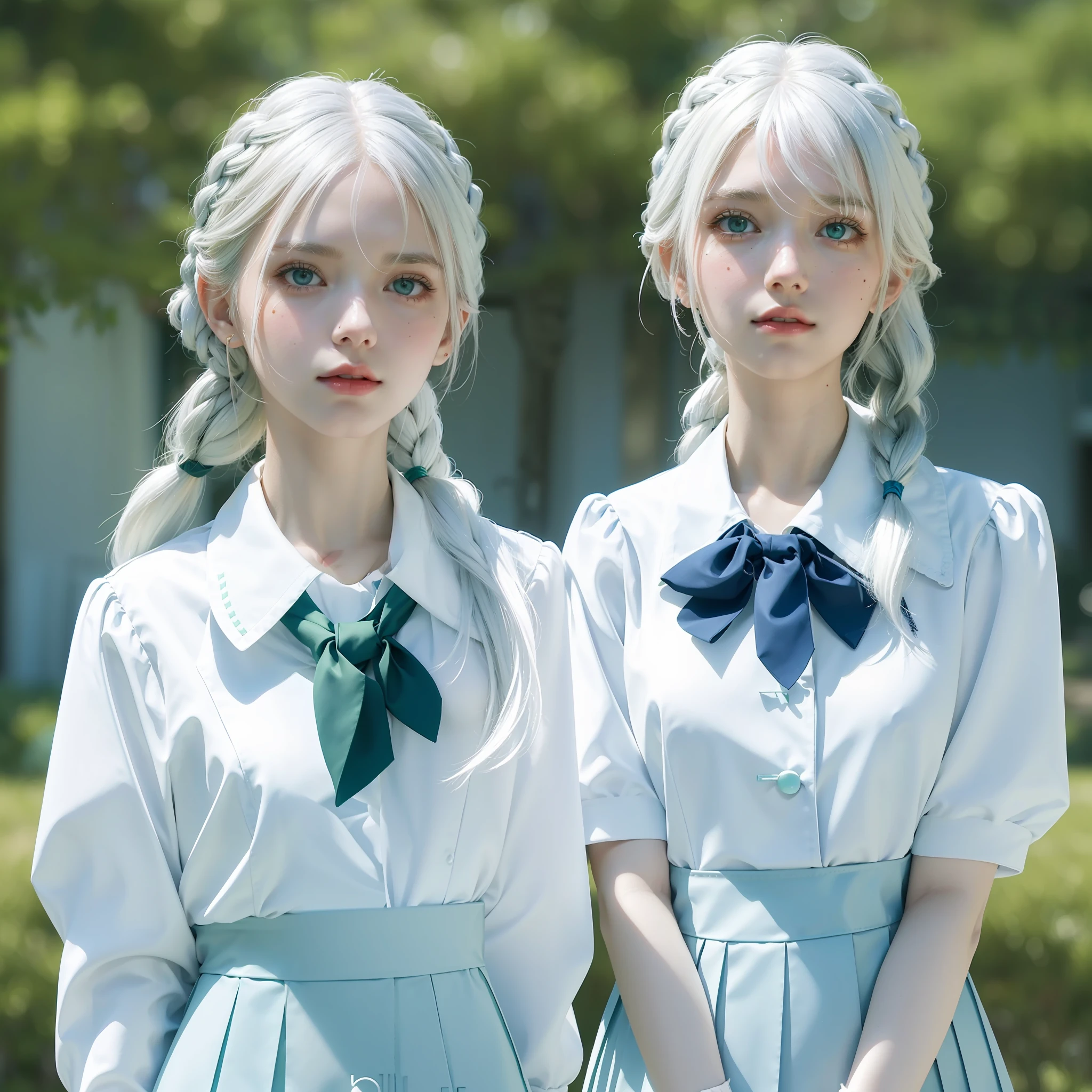 official art, unity 8k wallpaper, ultra detailed, beautiful and aesthetic, masterpiece, best quality, realistic, (1girl:1.2), white hair, medium hair, side braid, braid, green eyes, mole under eye, (school uniform:1.2), (kneehighs:1.1), classroom, from below, leaning back, flying button, huge breasts, sidelighting, blue sky,