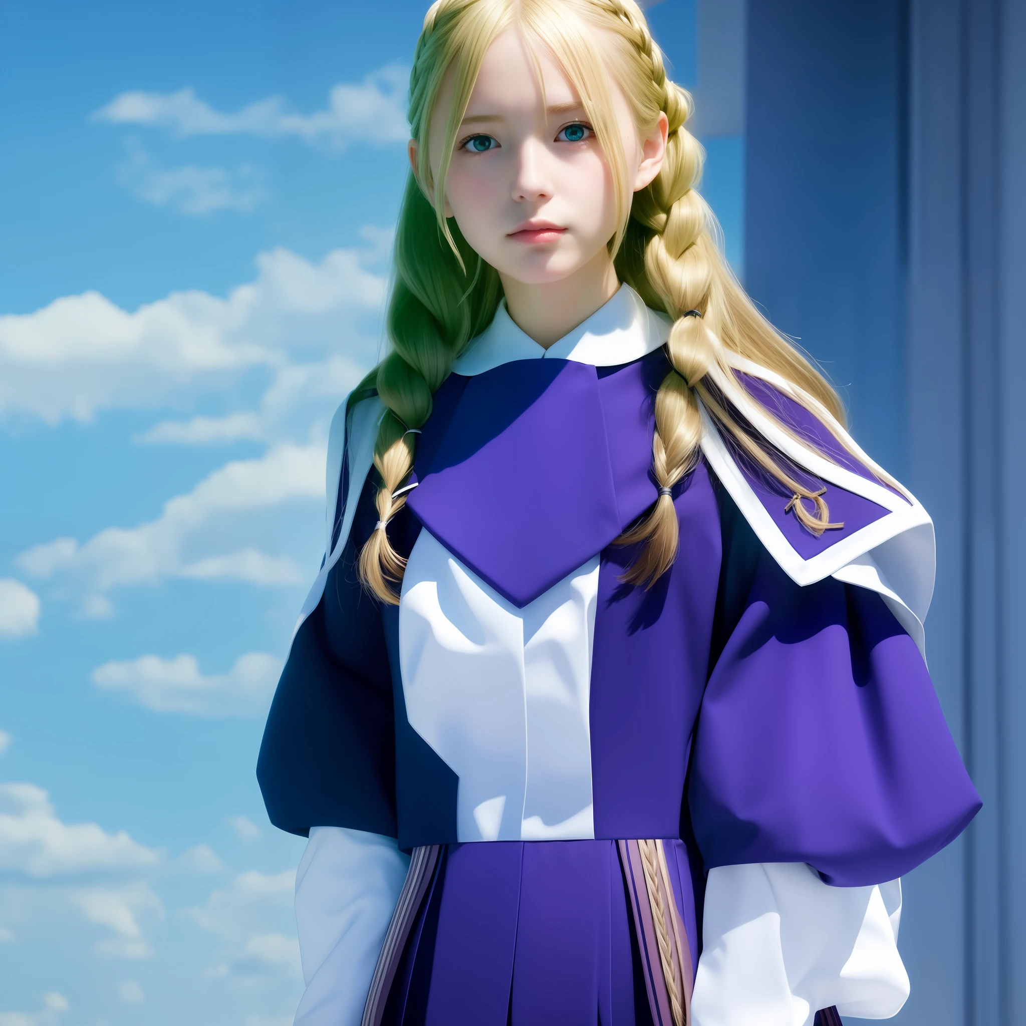 1 girl, official art, Unity 8k wallpaper, super detailed, beautiful and aesthetic, masterpiece, best quality, real, (1girl:1.2), blonde, medium hair, side blades, braids, green eyes, moles under eyes, (uniform: 1.2), (knee height: 1.1), classroom, from below, lean back, flying buttons, huge breasts, side light, blue sky,