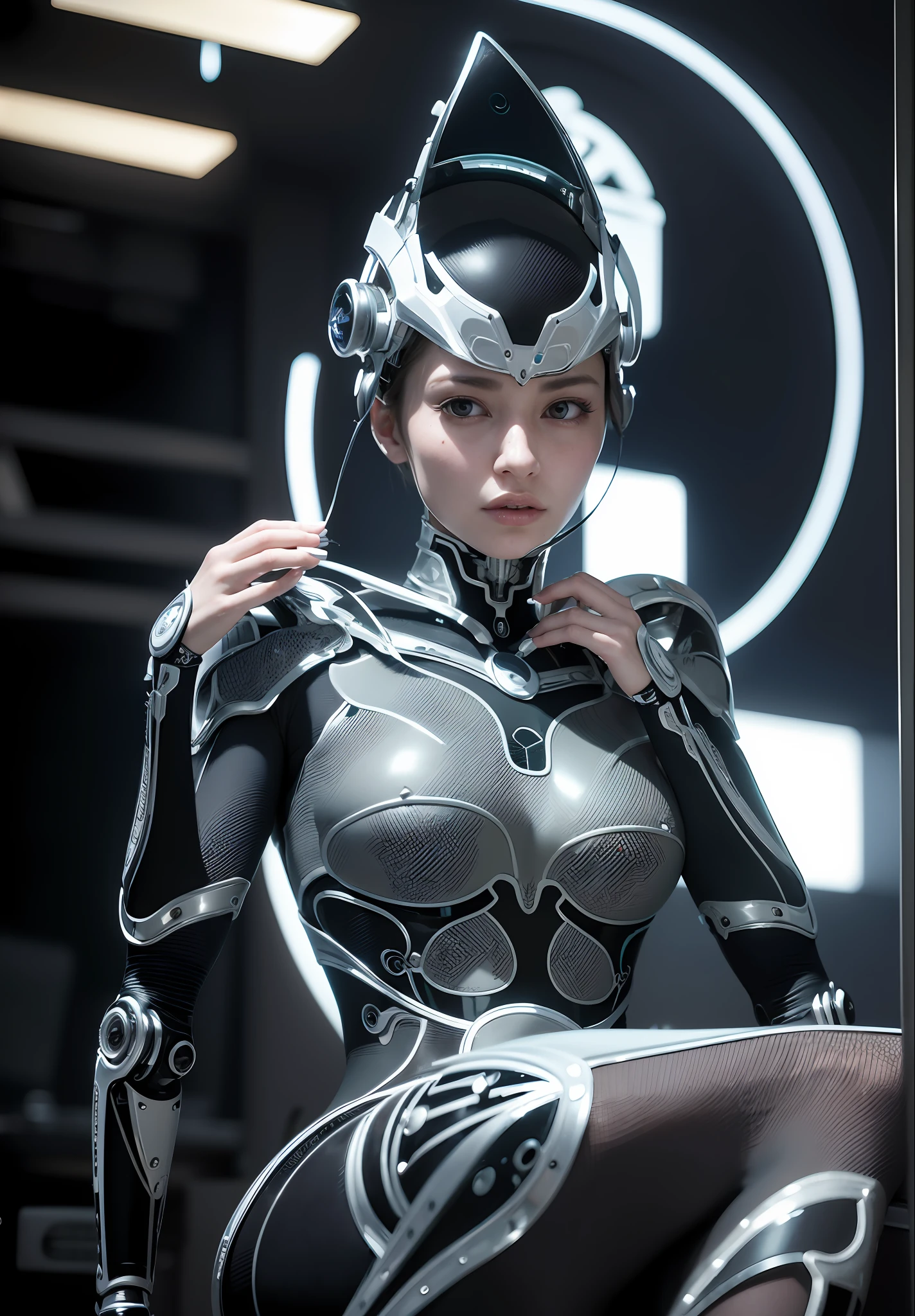 complex 3d render ultra detailed of a beautiful porcelain profile woman android face, cyborg, robotic parts, 150 mm, beautiful studio soft light, rim light, vibrant details, luxurious cyberpunk, lace, hyperrealistic, anatomical, facial muscles, cable electric wires, microchip, elegant, beautiful background, octane render, H. R. Giger style, 8k, best quality, masterpiece, illustration, an extremely delicate and beautiful, extremely detailed ,CG ,unity ,wallpaper, (realistic, photo-realistic:1.37),Amazing, finely detail, masterpiece,best quality,official art, extremely detailed CG unity 8k wallpaper, absurdres, incredibly absurdres, robot, silver halmet, full body