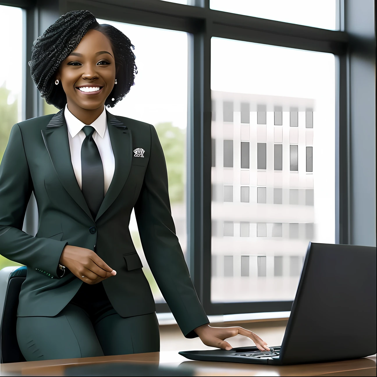 African american woman sitting in office, looking at laptop, smile on face, add detail:1, charcoal black suit, dark green tie, clean black office