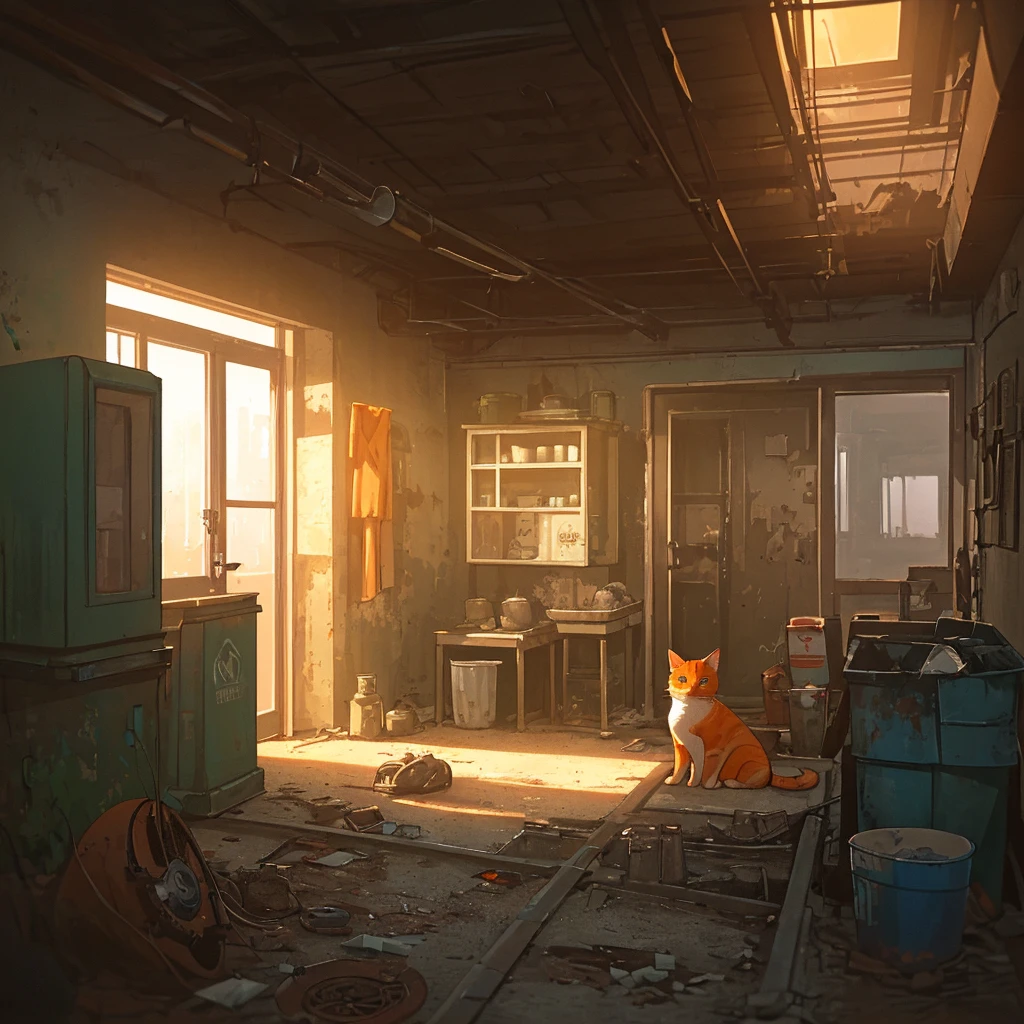 hyperrealistic and very detailed illustration of a nice orange cat sitting (small) in an abandoned room with large windows where you can see the outside, point of view from the outside, image very loaded with objects, point of view from below, dirty cement stairs with cracks, green wastebasket, metal signs, seats, cables, pole, pastel blue telephone booth, rusty guardrails, pipes, pipes in the walls, electric meter, gray and dark walls, empty boxes, old papers on the floor, damaged wall paint, some garbage on the floor, red bricks, metal and rusty scrap, machine parts (rusty, brown), very detailed advertisements on the neon wall, spotlights on the sides (very radiant blue light), Artificial and sterile environment, reddish sunset, dusty day, desert scenery, orange sun in the sky