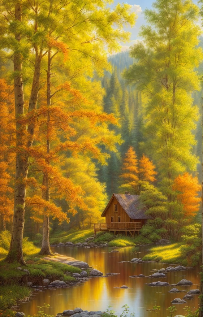(extremely detailed and high-quality), scenic naturalscape, rustic charm,(a waiting artist),(detailed landscape),(plein-air), high definition, very colorful, calm and serene ambiance, beautiful soft light filtering through the trees.