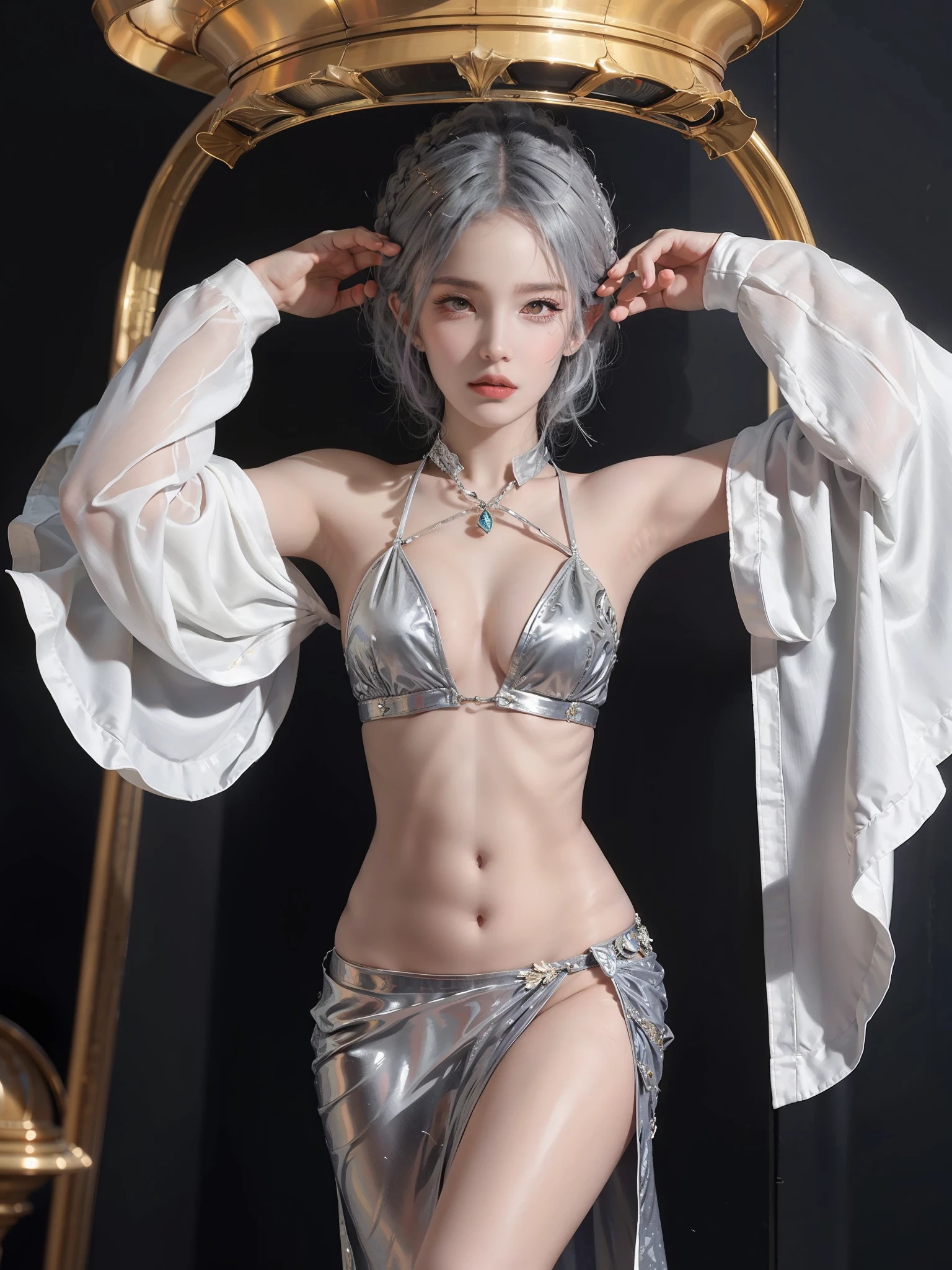stunningly beautiful (aeolian:1.5) wlop perfect full HDR body silver hair and dress princess exposed navel