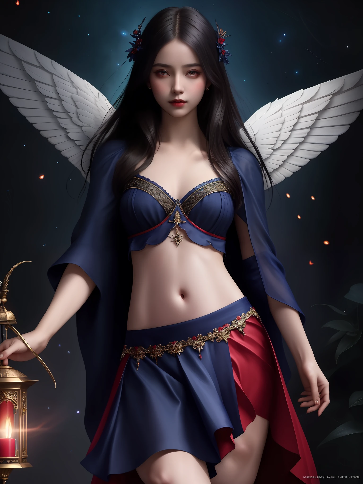 modelshoot style, the most beautiful artwork in the world featuring a (gothic angel cute woman in skirt:1.2), ((navel :1.5)), (( red and indigo dress:1.2)) cute pose infront of a gorgeous glowing temple full of fireflies flying around, large detailed wings, (dark force:1.3), 35mm lens, f/1.8, 8K, clear facial features, (cinematic action scene:1.2), good accent lighting, global illuminatio, trending on ArtStation, trending on CGSociety, Intricate, High Detail, Sharp focus, (dramatic:1.1), photorealistic painting art by midjourney and greg rutkowski