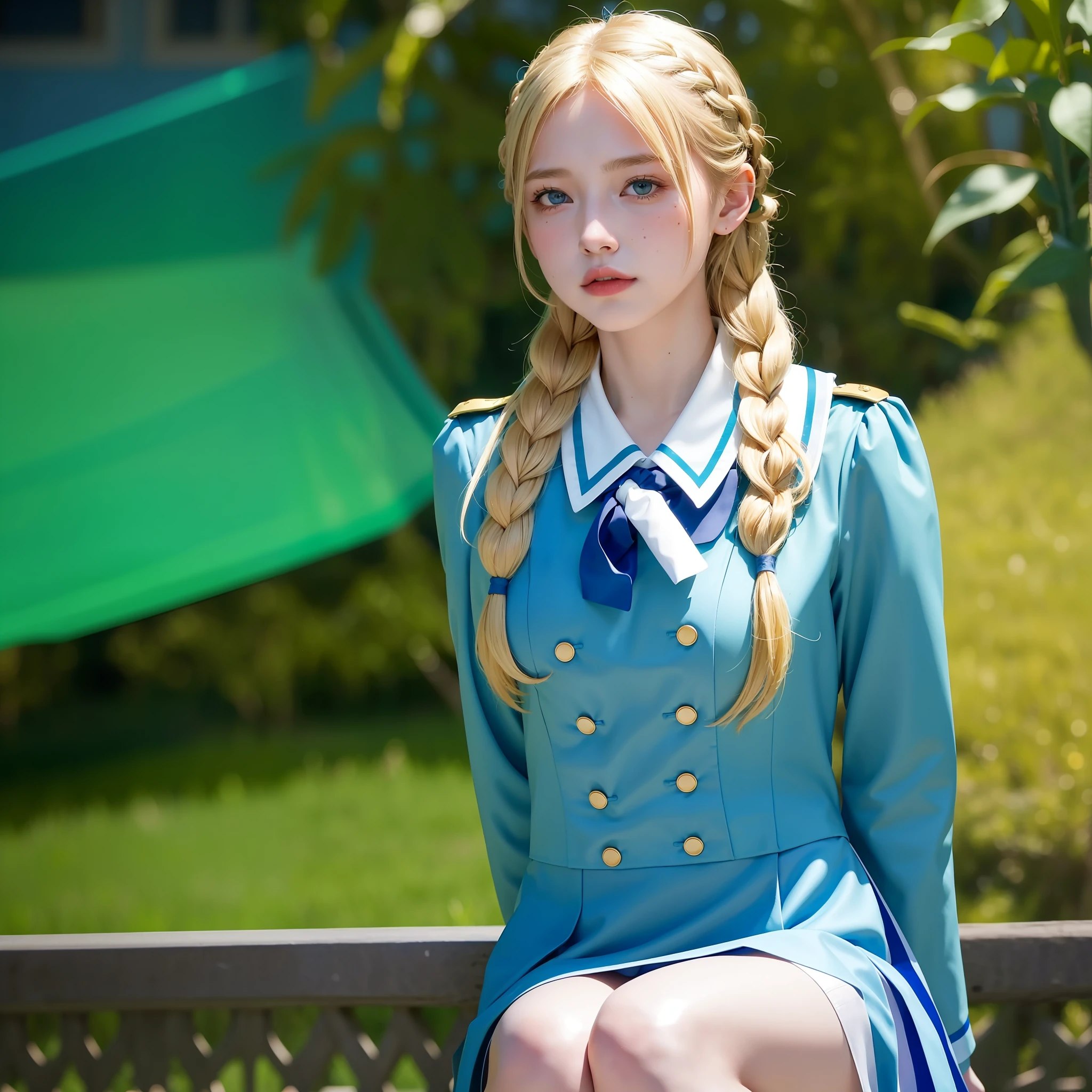 1 girl, official art, Unity 8k wallpaper, super detailed, beautiful and aesthetic, masterpiece, best quality, real, (1girl:1.2), blonde, medium hair, side blades, braids, green eyes, moles under eyes, (uniform: 1.2), (knee height: 1.1), classroom, from below, lean back, flying buttons, ????????????, side light, blue sky,