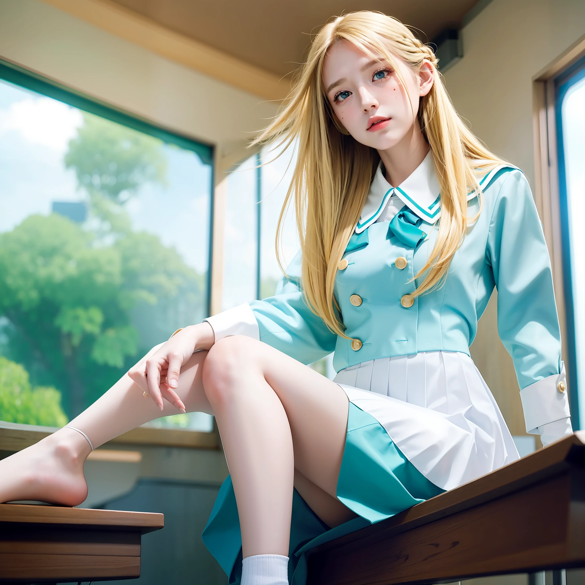 1 girl, official art, Unity 8k wallpaper, super detailed, beautiful and aesthetic, masterpiece, best quality, real, (1girl:1.2), blonde, medium hair, side blades, braids, green eyes, moles under eyes, (uniform: 1.2), (knee height: 1.1), classroom, from below, lean back, flying buttons, huge breasts, side light, blue sky,