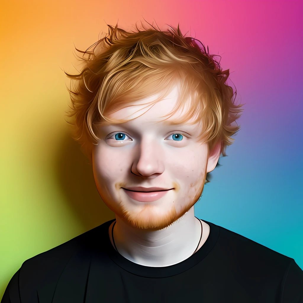 Ed Sheeran, bright smile, smaller head, light background, warm light, warm, gradient color on background, original simulation style, charming gaze, charming expression. The background should be neutral and simple, pay close attention to details such as highlights and shadows on his face and hair to create a realistic and realistic image. Try different lighting techniques to enhance the mood and atmosphere of your portrait. Highly Detailed Skin, Skin Detail, Sharp Focus, Volumetric Fog, 8K UHD, SLR, High Quality, Film Grain, Fujifilm XT3, (Best Quality: 1.4), (Masterpiece: 1.4), (Detail: 1.3), (Best Quality: 1.4), (Masterpiece: 1.4), (Detail: 1.3), (Color Gradient Background: 1.5, Close Up: 1.5), (Realism: 1.4), (Best Quality: 1.0), (Super High Resolution: 1.0)