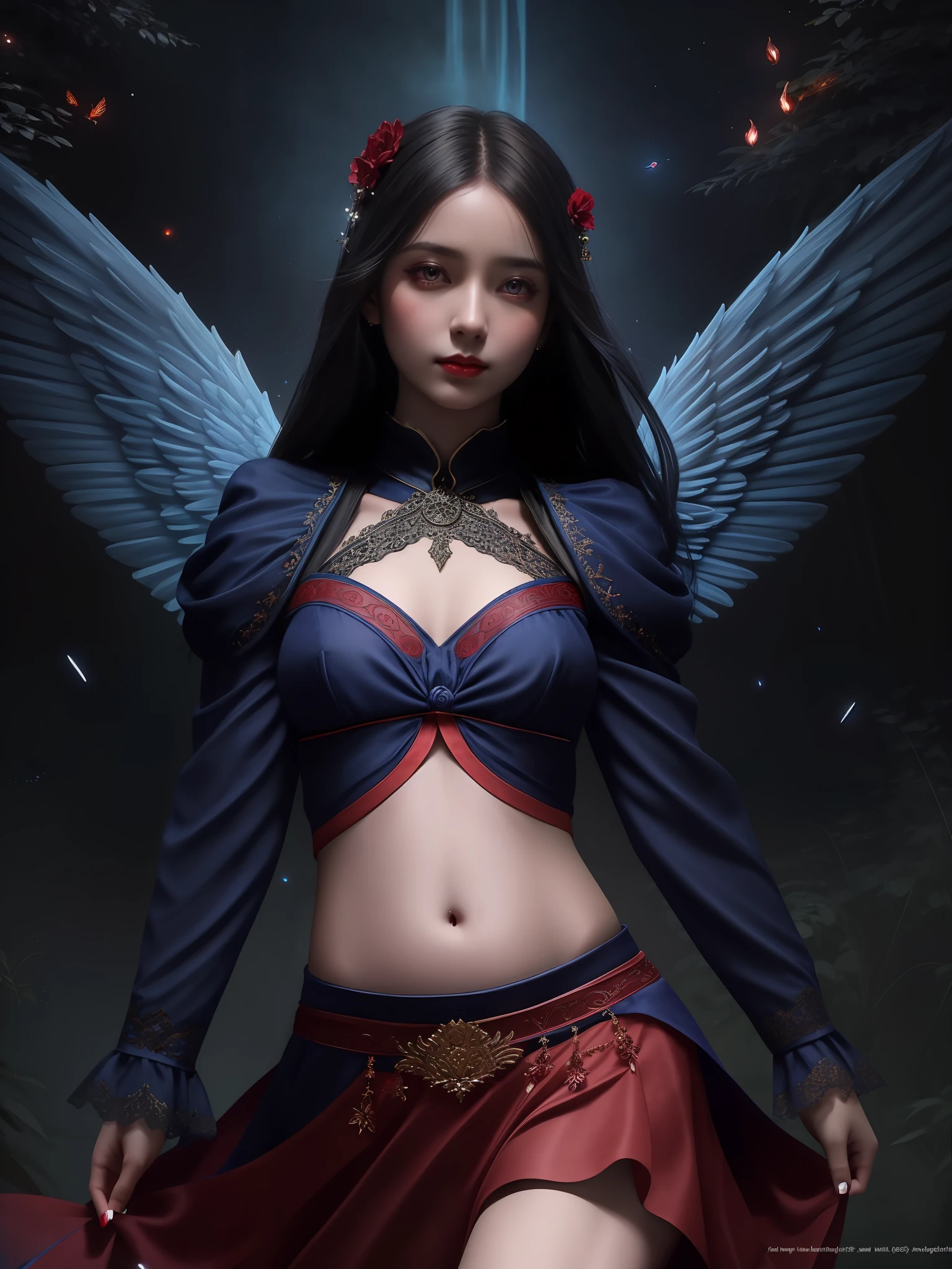 modelshoot style, the most beautiful artwork in the world featuring a (gothic angel cute woman in skirt:1.2), ((navel :1.5)), (( red and indigo dress:1.2)) cute pose infront of a gorgeous glowing temple full of fireflies flying around, large detailed wings, (dark force:1.3), 35mm lens, f/1.8, 8K, clear facial features, (cinematic action scene:1.2), accent lighting, global illuminatio, trending on ArtStation, trending on CGSociety, Intricate, High Detail, Sharp focus, (dramatic:1.1), photorealistic painting art by midjourney and greg rutkowski