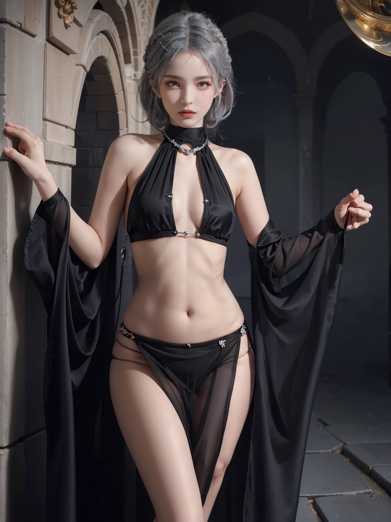 stunningly beautiful (aeolian:1.5) wlop perfect full HDR body silver hair and black dress princess exposed navel