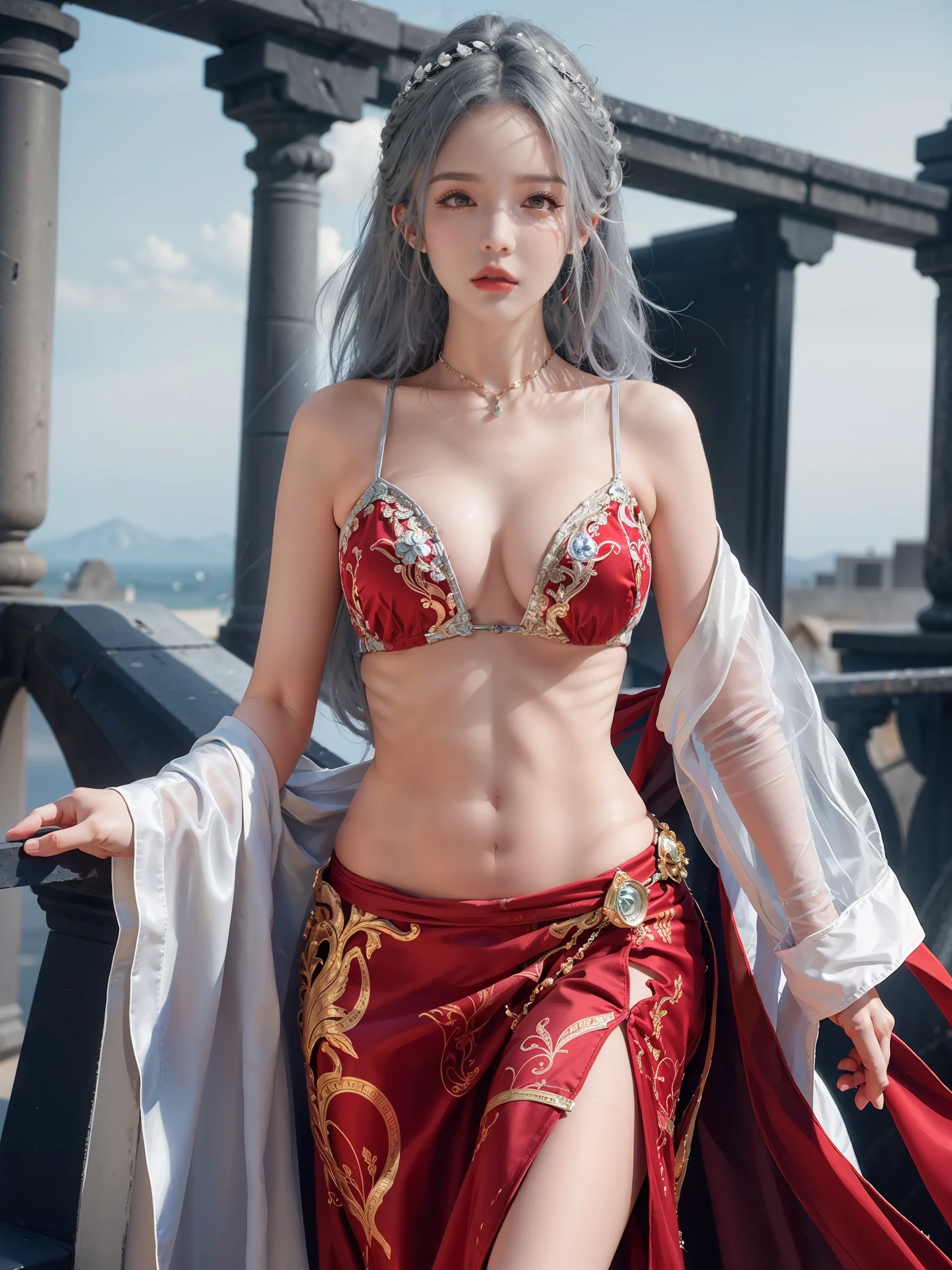 stunningly beautiful (aeolian:1.5) wlop perfect full HDR body silver hair and red dress princess exposed navel
