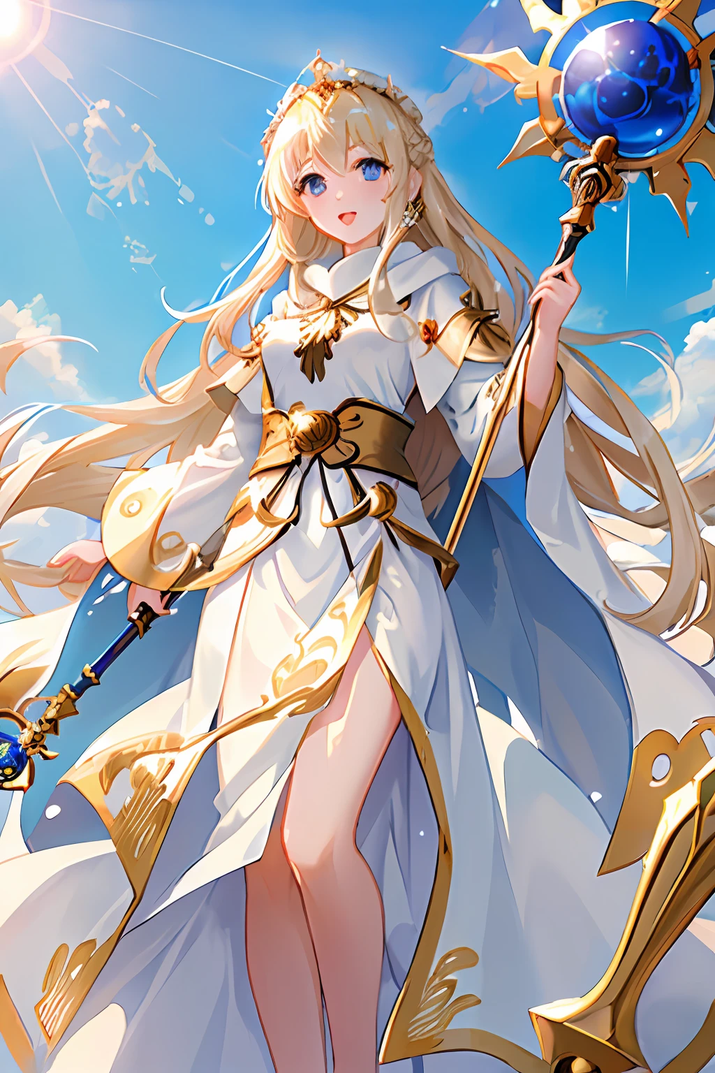masterpiece, best quality, ultra-detailed, goddess, white robe, long hair, gold hair, staff, sun shine, blue sky