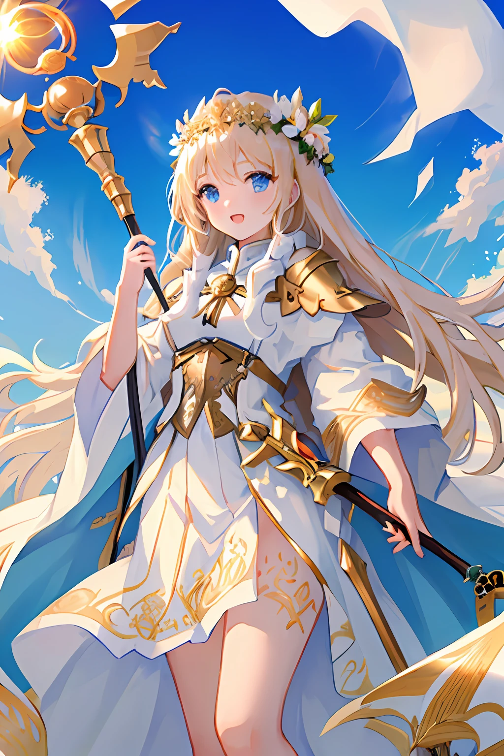 masterpiece, best quality, ultra-detailed, goddess, white robe, long hair, gold hair, staff, sun shine, blue sky