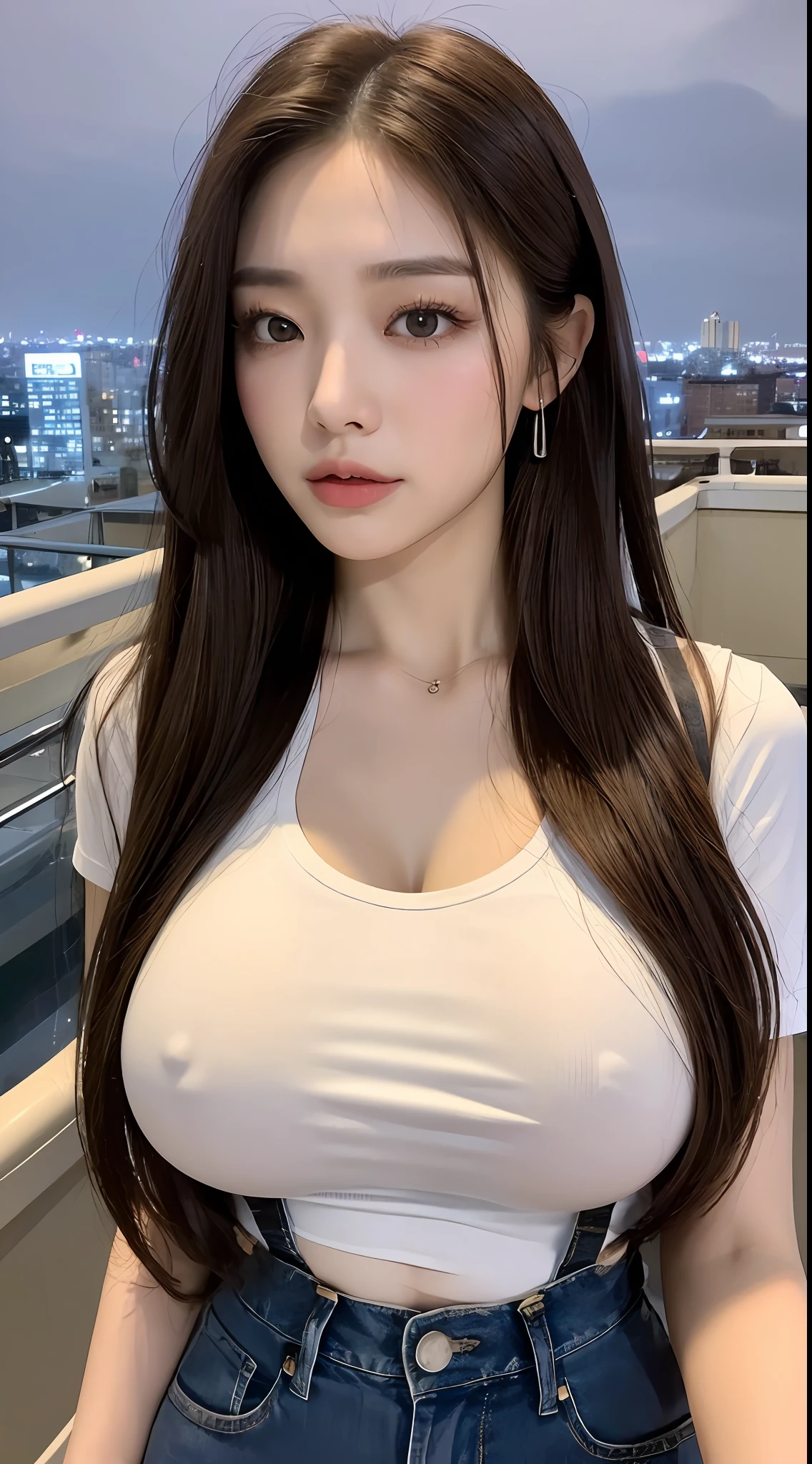 ((Midnight, Best quality, 8k, Masterpiece :1.3)), Whole body, Long legs, Sharp focus :1.2, A pretty woman with perfect figure :1.4, Slender abs :1.1, ((Dark brown hair, gigantic breasts :1.5)), (White tight tshirt, Jean bib, Standing:1.2), ((Night city view, Rooftop:1.3)), Highly detailed face and skin texture, Detailed eyes, Double eyelid