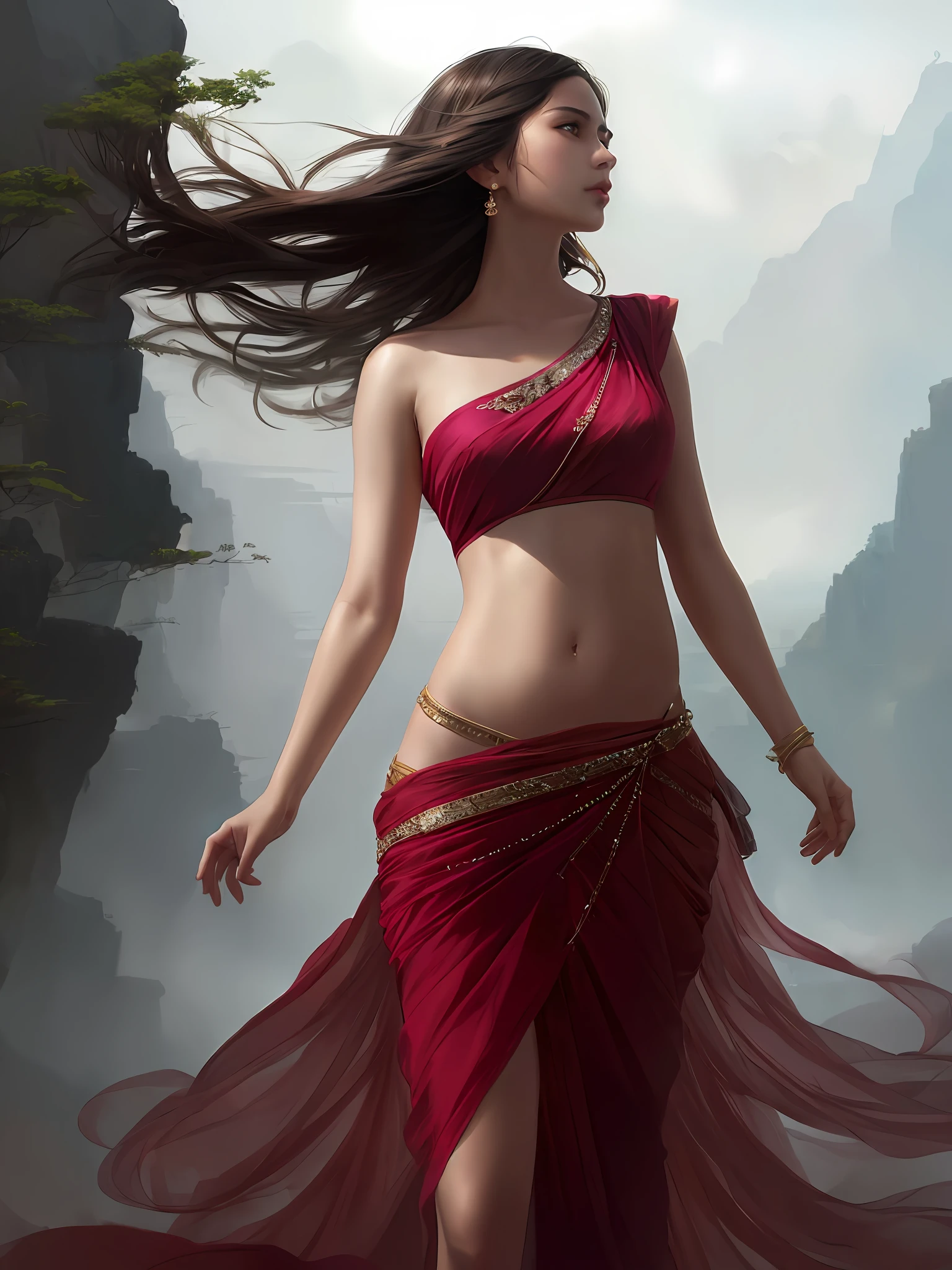 modelshoot style, (extremely detailed CG unity 8k wallpaper), full shot body photo of the most beautiful artwork in the world, stunningly beautiful photo realistic cute women in saree (navel:1.5), professional majestic oil painting by Ed Blinkey, Atey Ghailan, Studio Ghibli, by Jeremy Mann, Greg Manchess, Antonio Moro, trending on ArtStation, trending on CGSociety, Intricate, High Detail, Sharp focus, dramatic, photorealistic painting art by midjourney and greg rutkowski