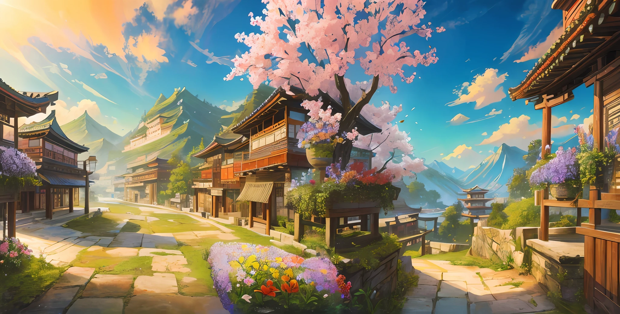 Official art, ancient Chinese landscapes, (streets), (flowers), beautiful landscapes, masterpieces, high quality, exquisite graphics, high detail, epic landscapes, colorful, intricate details, wide angle lenses