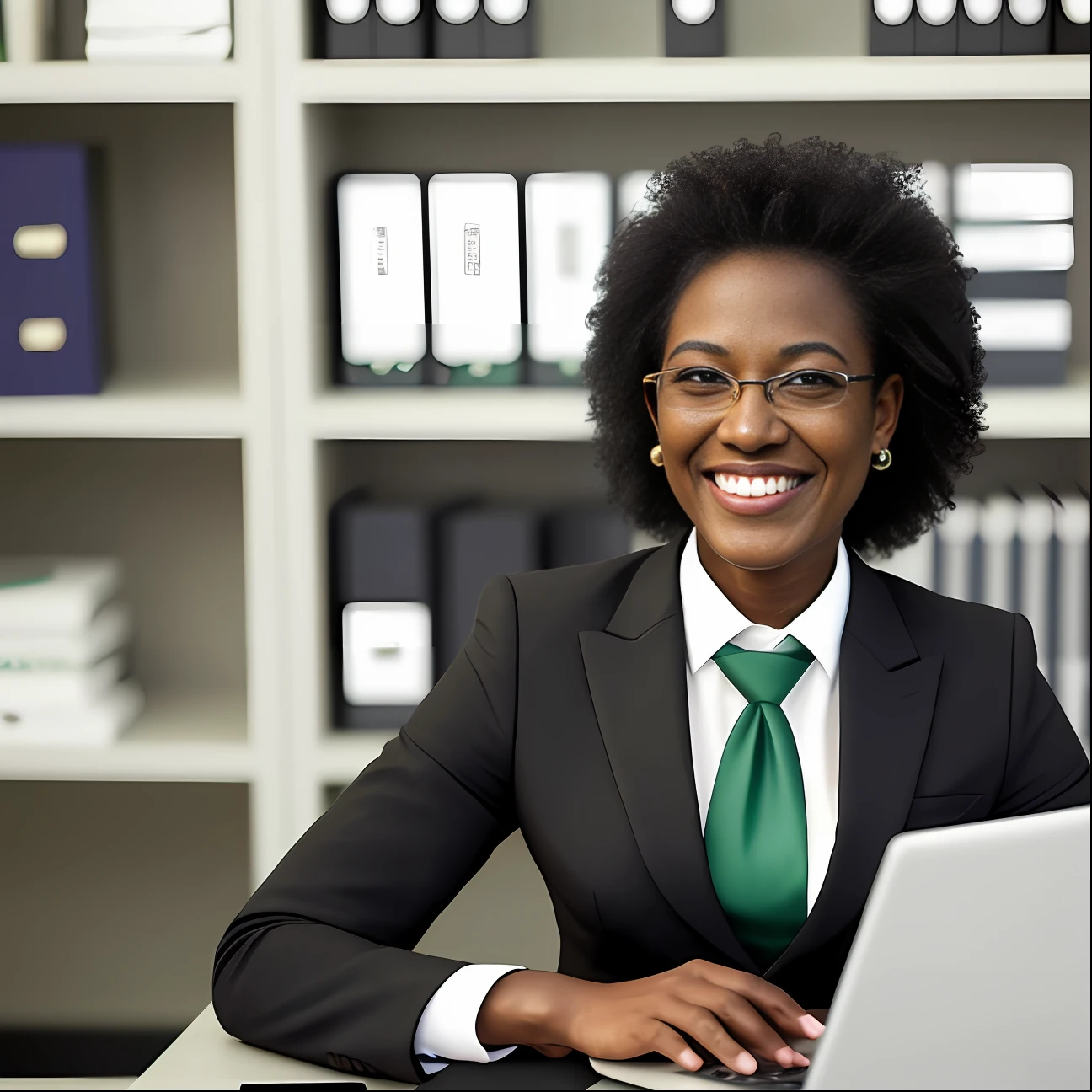 African american woman sitting in office, looking at laptop, smile on face, add detail:1, charcoal black suit, dark green tie, clean black office, face detail (1:1)