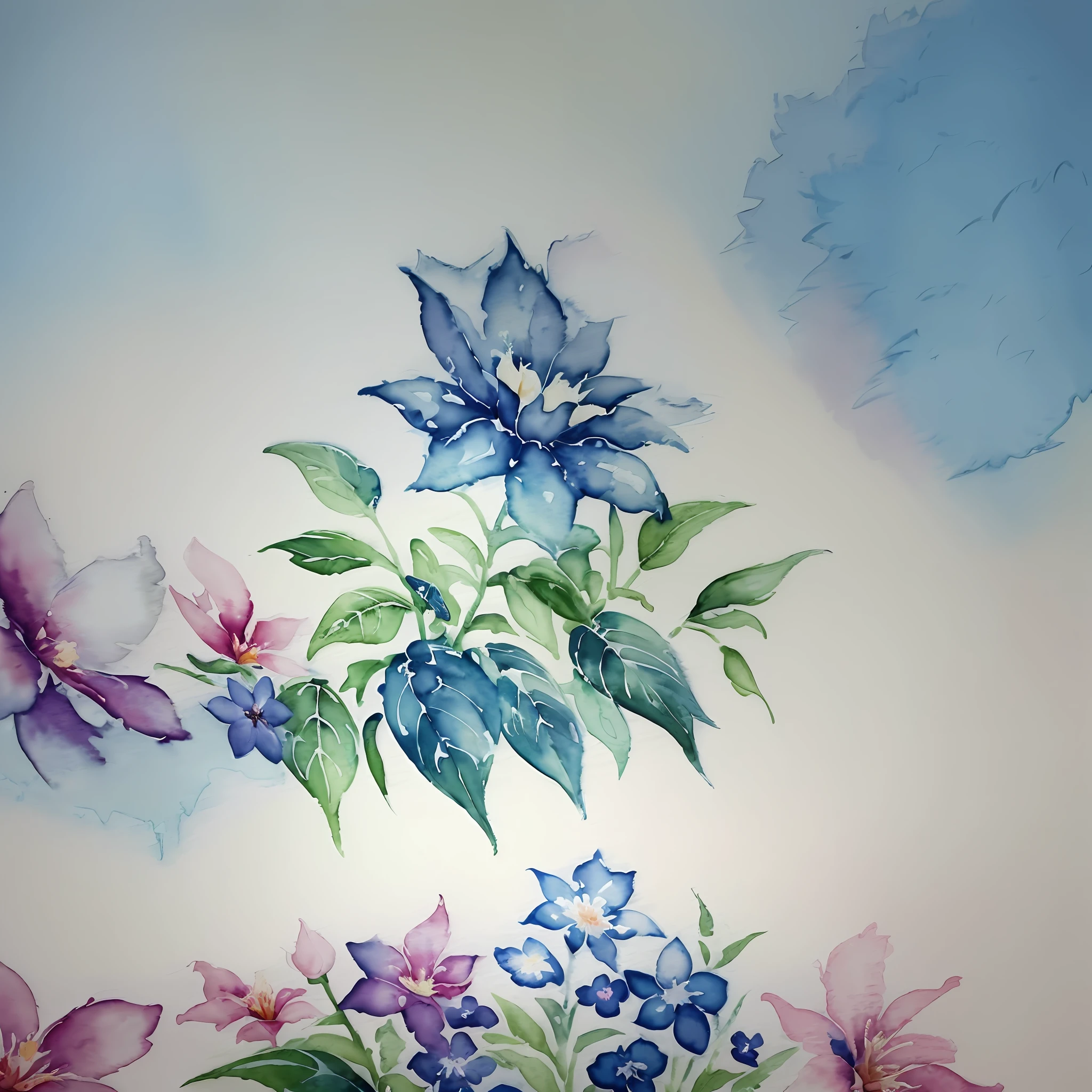 watercolor, flower, beautiful, watercolor style, flower and leaf patterns, wet on wet technique, muted, indigo, fabric design, flat illustration, highly detailed clean, vector image, masterpiece, professional, isometric, bright vector, white background, dry brush, brush strokes, painted on canvas, by J.M.W. Turner. expressive marks.