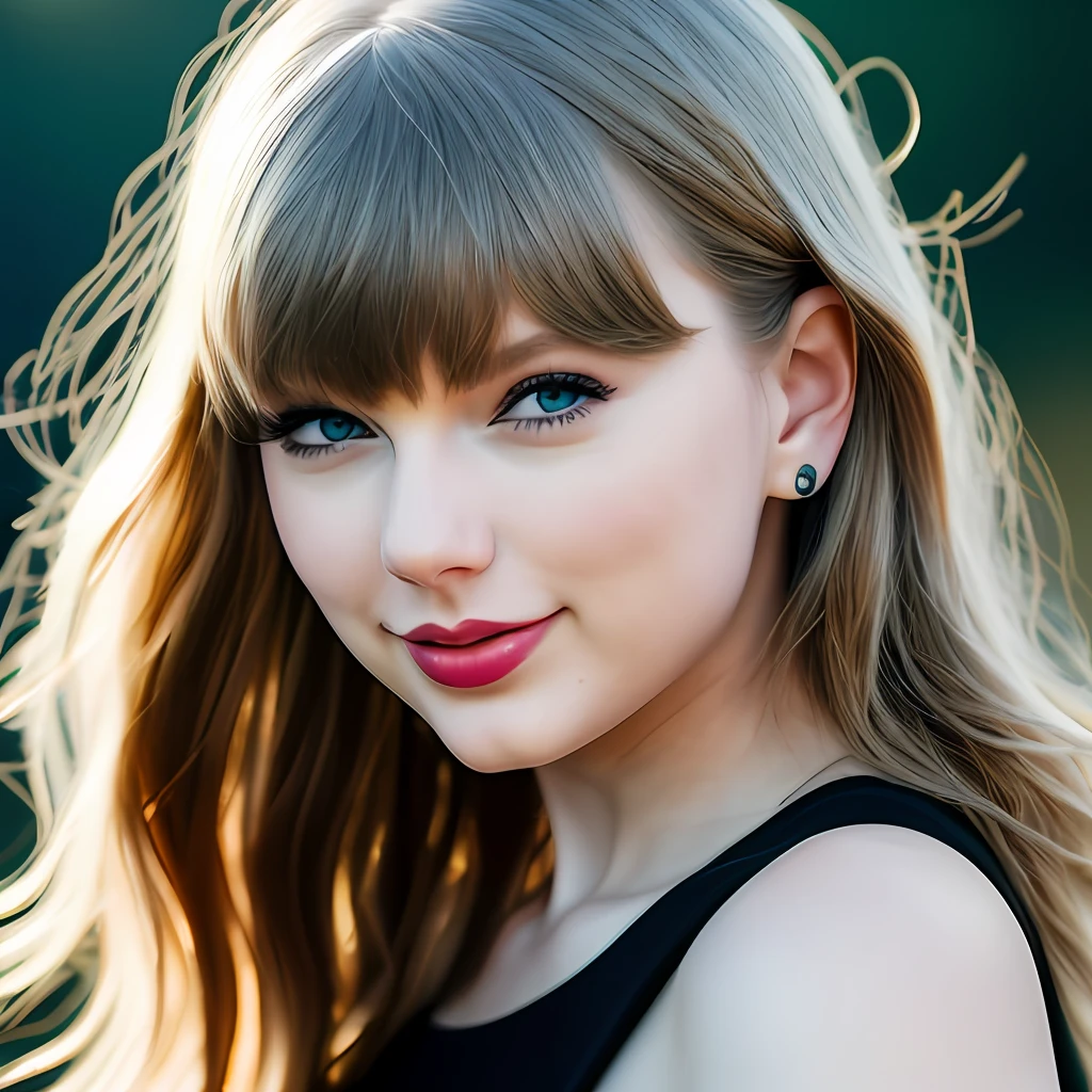 Taylor Swift, smile, bright smile, teeth, has personality, background is gradient, stage lighting, original simulation style, captivating gaze, captivating expression. The background should be neutral and simple, pay close attention to details such as highlights and shadows on his face and hair to create a realistic and realistic image. Try different lighting techniques to enhance the mood and atmosphere of your portrait. Highly Detailed Skin, Skin Detail, Sharp Focus, Volumetric Fog, 8K UHD, SLR, High Quality, Film Grain, Fujifilm XT3, (Best Quality: 1.4), (Masterpiece: 1.4), (Detail: 1.3), (Best Quality: 1.4), (Masterpiece: 1.4), (Detail: 1.3), (Color Gradient Background: 1.5, Close Up: 1.5), (Realism: 1.4), (Best Quality: 1.0), (Super High Resolution: 1.0)