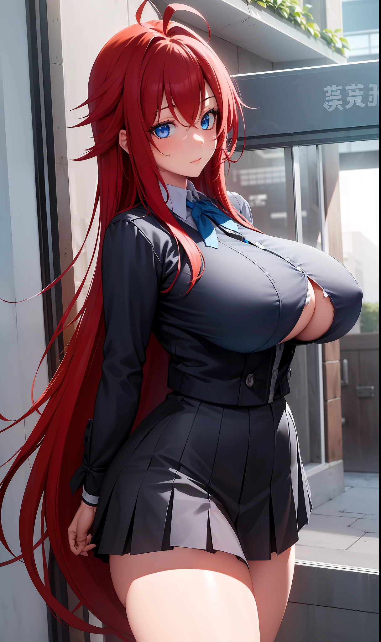 masterpiece, best quality, 1girl, long hair, looking at viewer, :3, cute, black school uniform, outdoors, streets, cowboy shot, large breasts, curvy, (((blue eyes))), red hair, antenna hair, wavy hair, ((beautiful detailed eyes, beautiful detailed glow)), anime, Rias Gremory