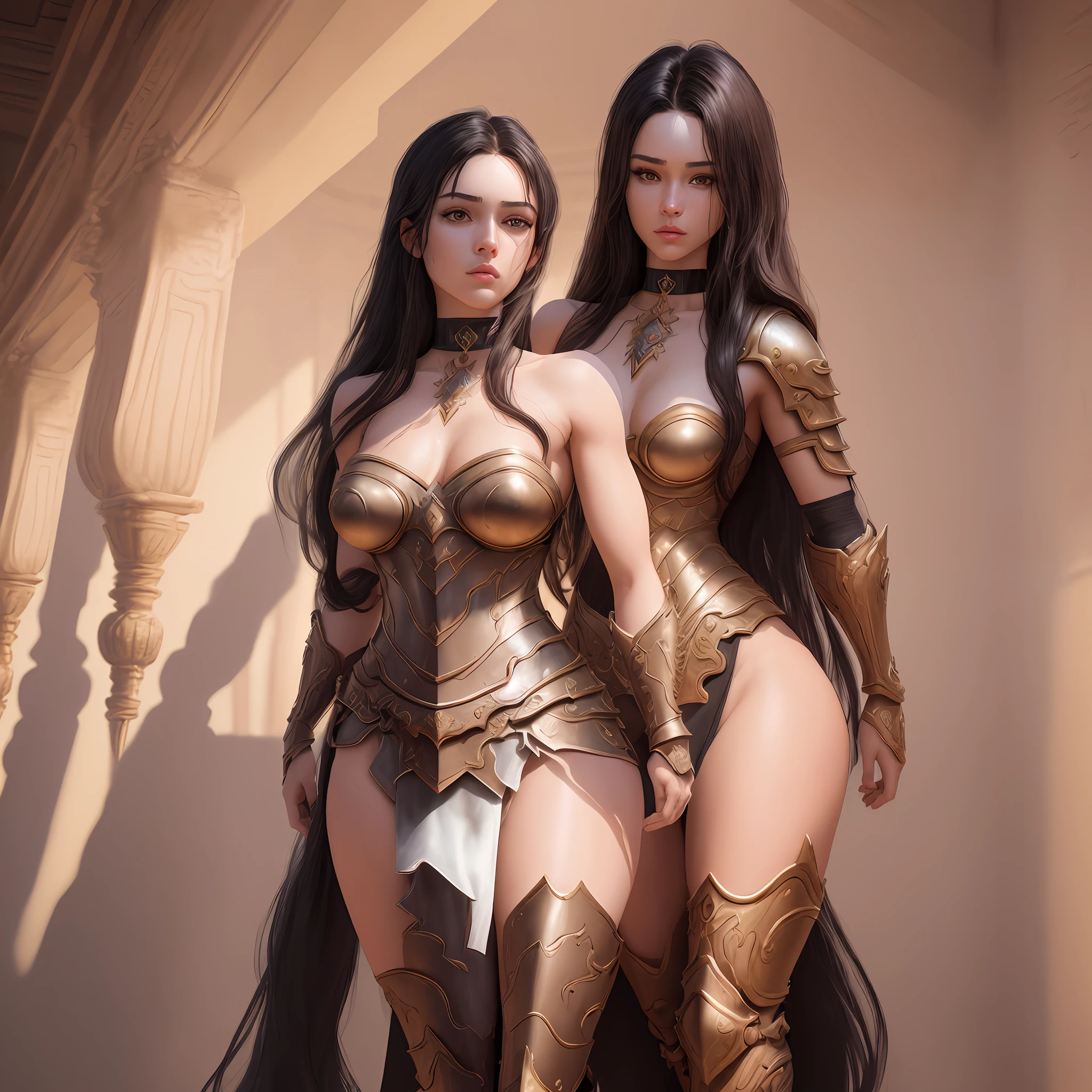"Complete artwork masterpiece, high quality, ultra detailed in 4k, 8k, high resolution, hyper-realistic photo, hyper-detailed, realistic skin texture, amazing shadows, background, extremely detailed texture, perfect lighting, high-level image quality." The female paladin, fair skin, Full body, long black hair, brown eyes, defined face, small breasts, choker, use reference picture as role model, inside a high detail temple room, sfw