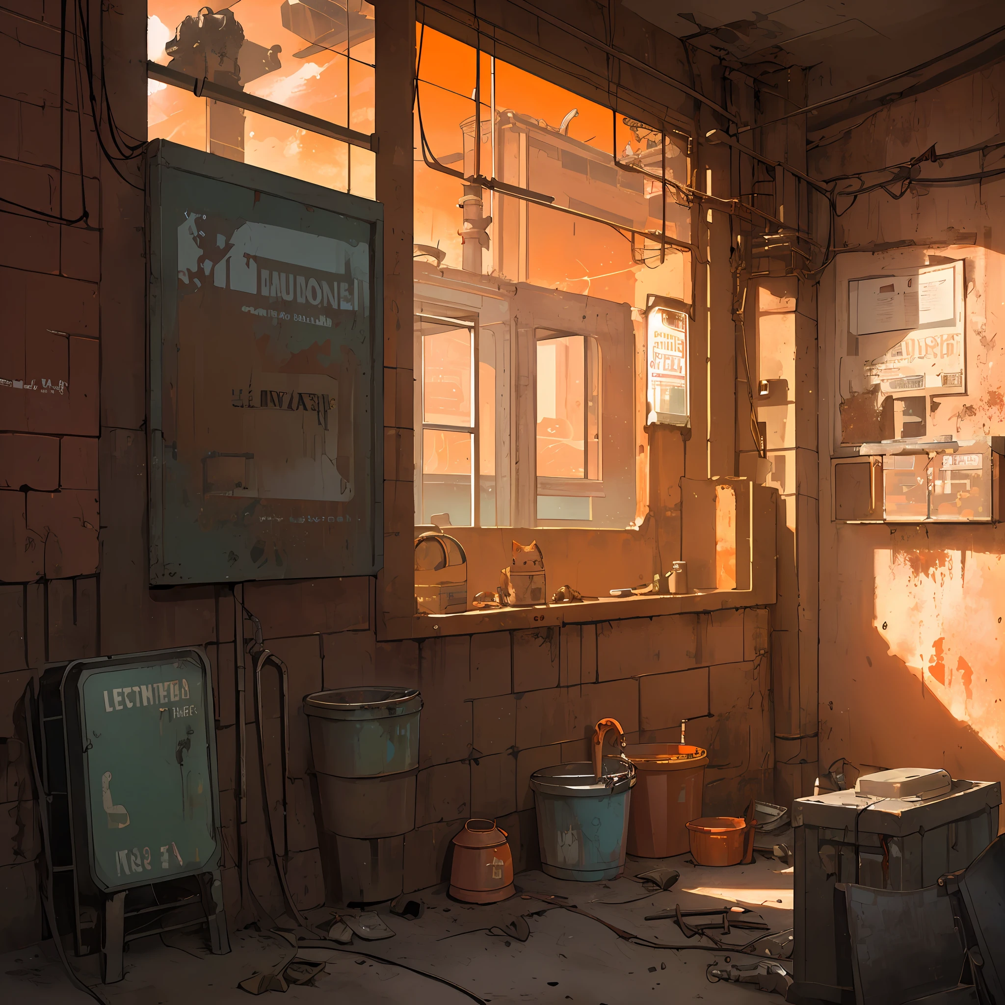 hyperrealistic and very detailed illustration of a nice orange cat sitting (small) in the foreground, in an abandoned room with large windows where you can see the outside, point of view from the outside, image very loaded with objects, point of view from below, dirty cement stairs with cracks, green wastebasket off, metal signs, seats, cables, pole, pastel blue telephone booth, rusty guardrails, pipes, pipes in the walls, electric meter, gray and dark walls, empty boxes, old papers on the floor, damaged wall paint, some garbage on the floor, red bricks, metal and rusty scrap, machine parts (rusty, brown), very detailed advertisements on the neon wall, spotlights on the sides (very radiant blue light), artificial and sterile environment, reddish sunset, dusty day, desert scenery, orange sun in the sky, deep red sky