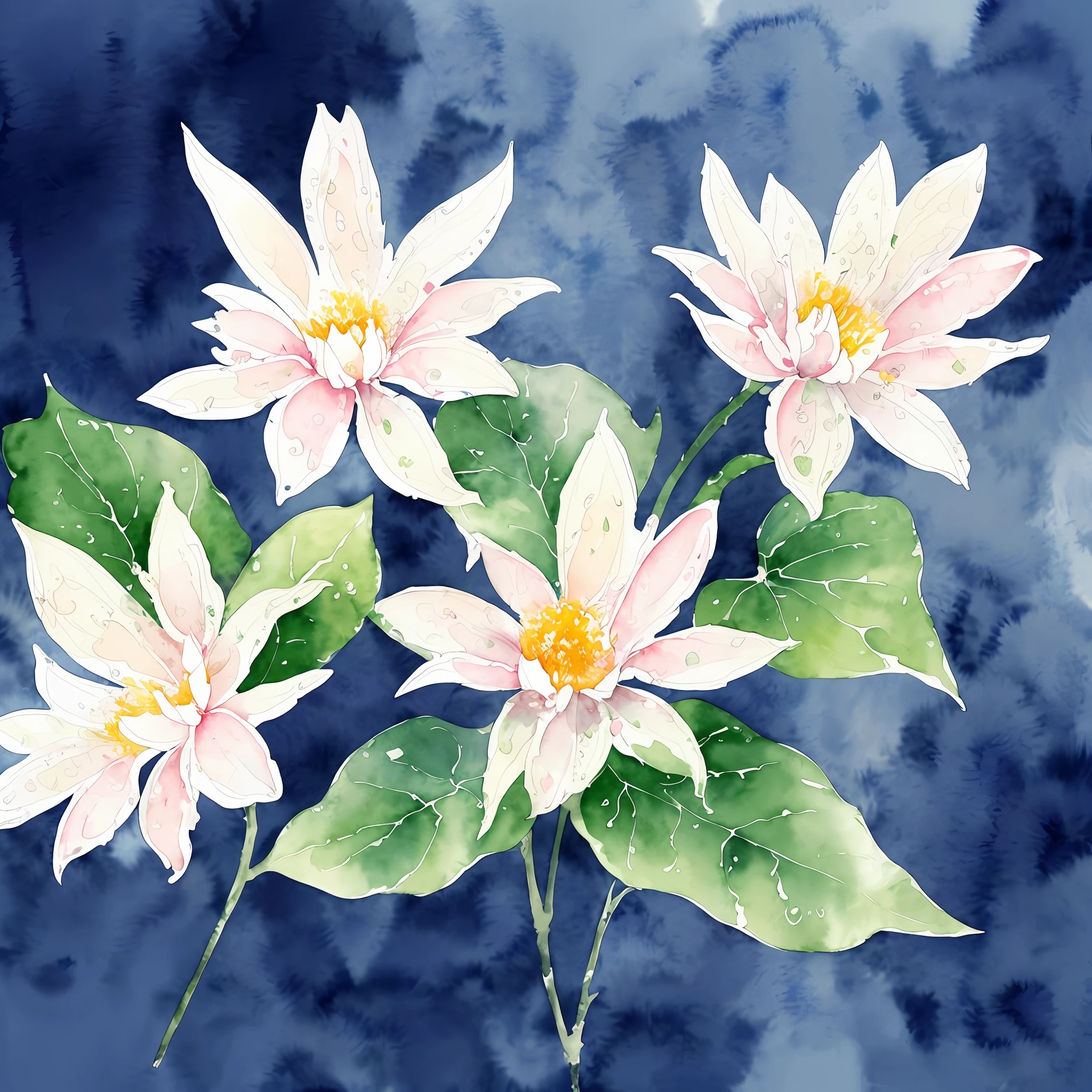 watercolor, flower, beautiful, watercolor style, flower and leaf patterns, wet on wet technique, muted, indigo, fabric design, flat illustration, highly detailed clean, vector image, masterpiece, professional, isometric, bright vector, white background, dry brush, brush strokes, painted on canvas, by J.M.W. Turner. expressive marks.