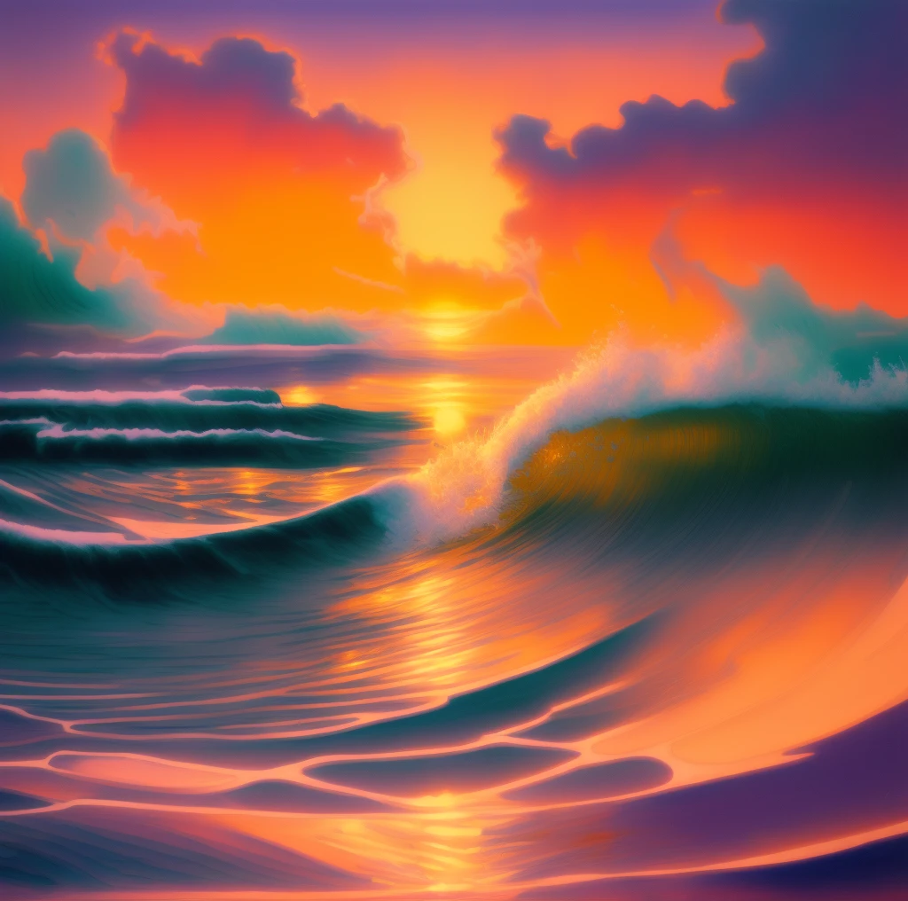 painting of a wave breaking in the ocean at sunset, jim warren, vaporwave surreal ocean, vaporwave ocean, pastelwave, soaring waves, vaporwave sunset, glow wave, psychedelic waves, wave, rippling magic, waves of energy, waves, by Michael James Smith, dream wave aesthetic, ocean wave, chris moore”, lsd waves, tube wave