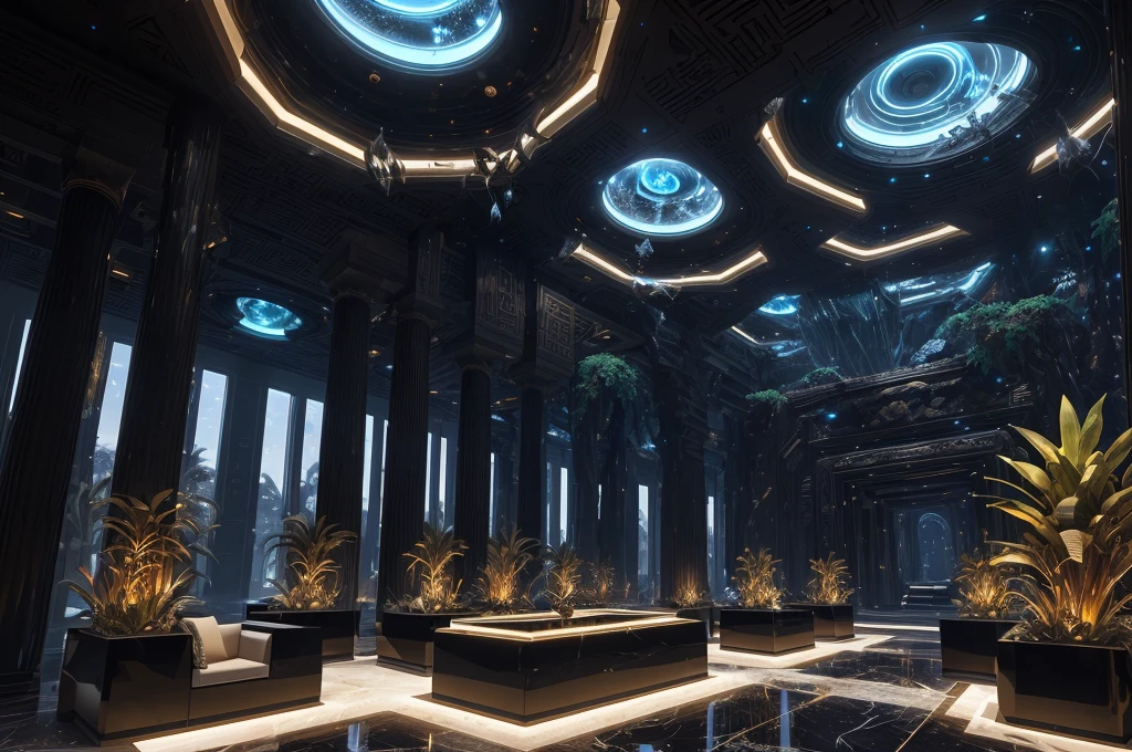 incredible black luxurious futuristic interior in Ancient Egyptian style with many ((lush plants)) (lotus flowers), ((palm trees)), rocky walls, (sand), ((waterfalls)) (marble), ((precious minerals)), ((metals)), (gemstones), crystals, clouds and (water), ((futuristic luxury furniture)), (hieroglyphics), ((trees and plants made out of gemstones and precious minerals and lights)), crocodiles, (((ultra luxury))), (black marble) – with ((beautiful lights)), Unreal Engine, HQ, 16k