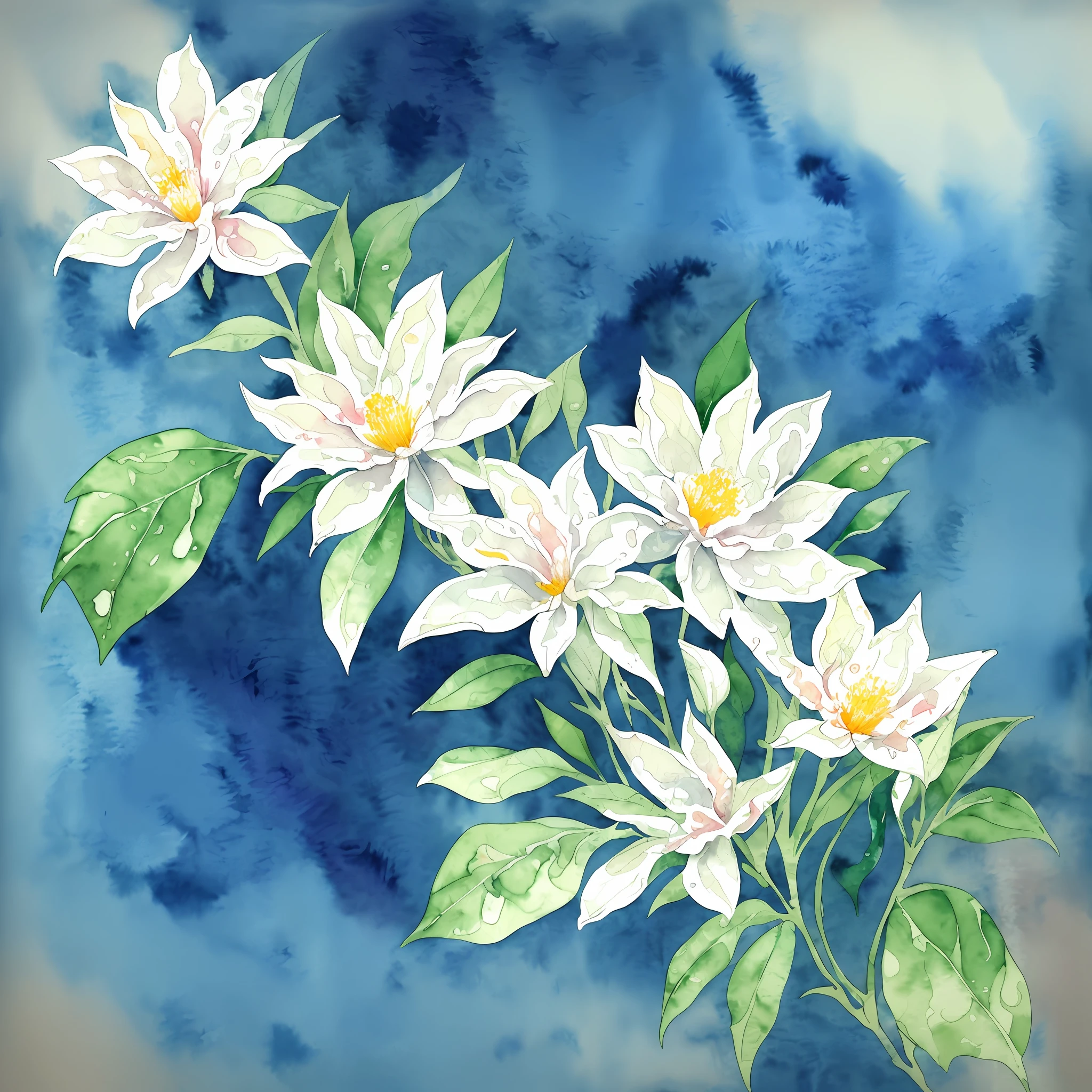 watercolor, flower, beautiful, watercolor style, flower and leaf patterns, wet on wet technique, muted, indigo, fabric design, flat illustration, highly detailed clean, vector image, masterpiece, professional, isometric, bright vector, white background, dry brush, brush strokes, painted on canvas, by J.M.W. Turner. expressive marks.