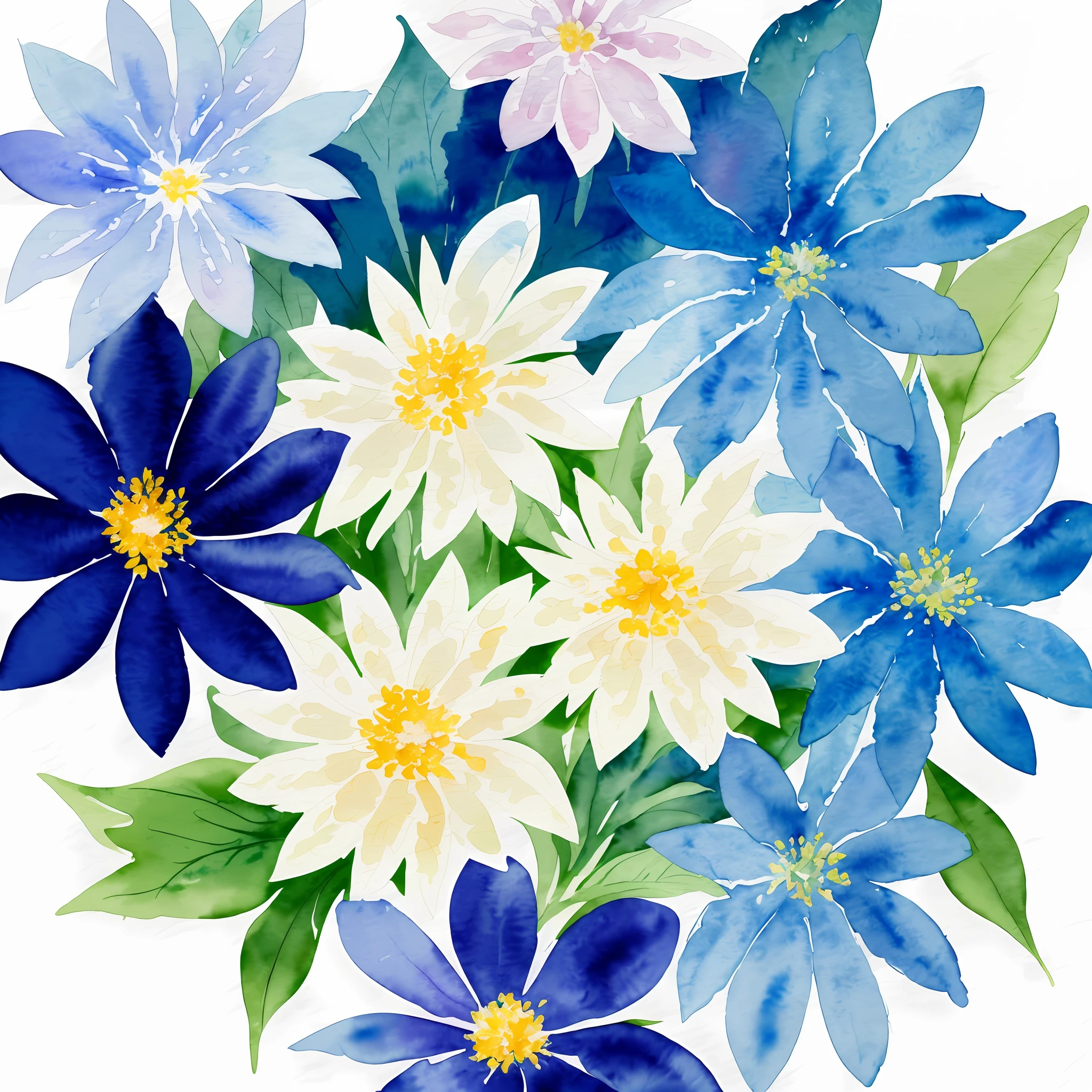 watercolor, flower, beautiful, watercolor style, flower and leaf patterns, wet on wet technique, muted, indigo, fabric design, flat illustration, highly detailed clean, vector image, masterpiece, professional, isometric, bright vector, white background, dry brush, brush strokes, painted on canvas, by J.M.W. Turner. expressive marks.